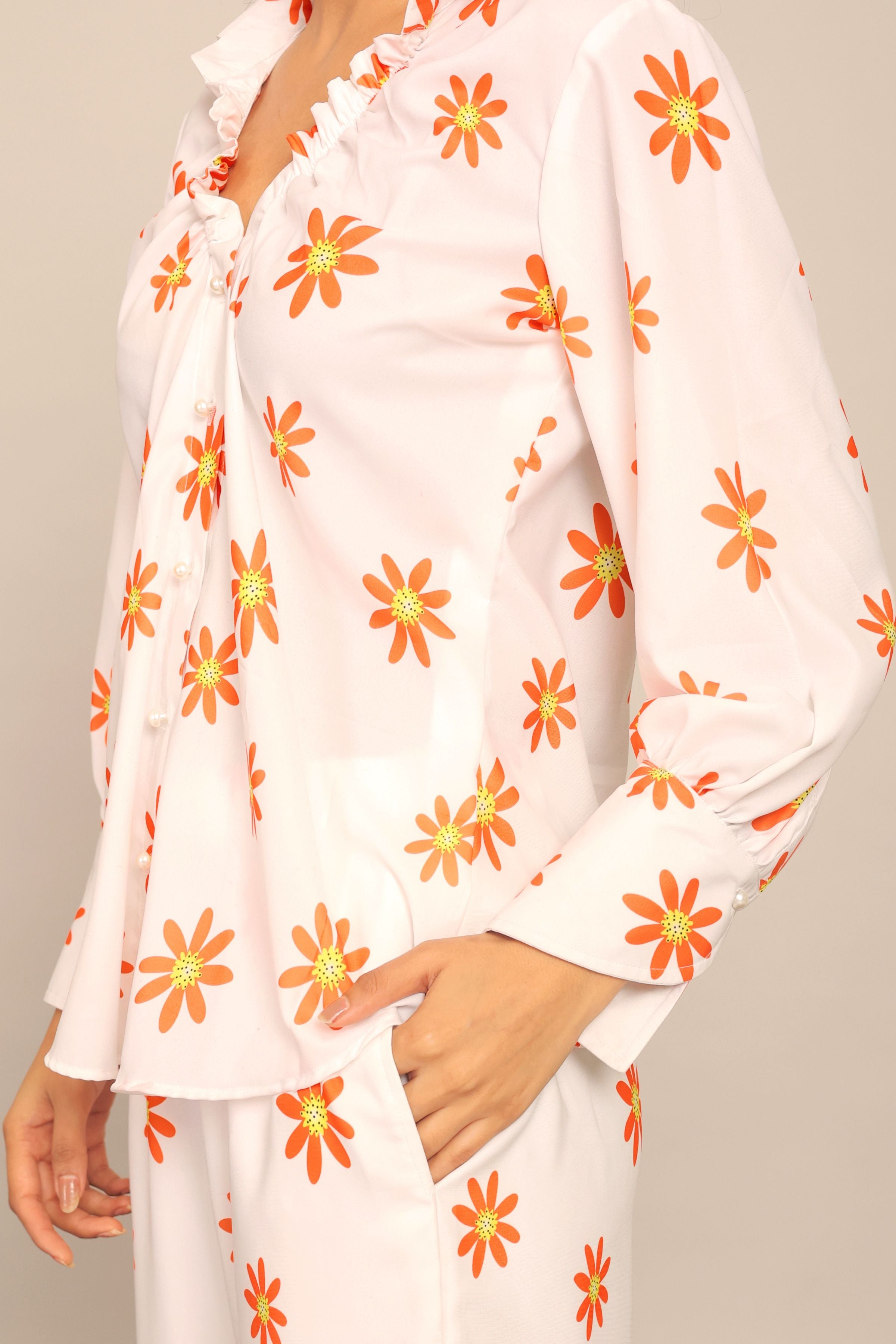 White and Orange Floral Printed Relaxed Shirt with Collar and Closer 6 Buttons - Kaoribyshreya