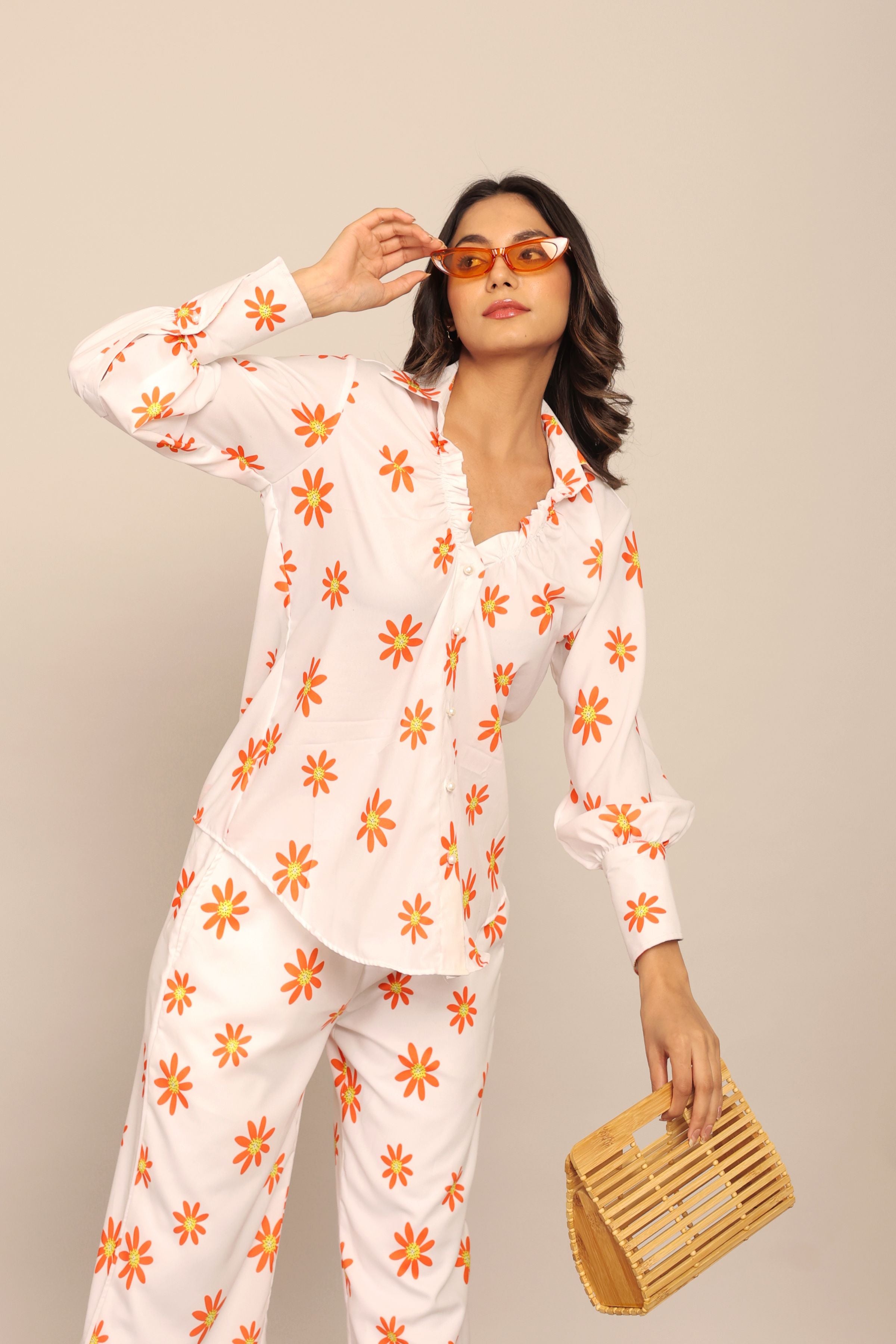 White and Orange Floral Printed Relaxed Shirt with Collar and Closer 6 Buttons - Kaoribyshreya