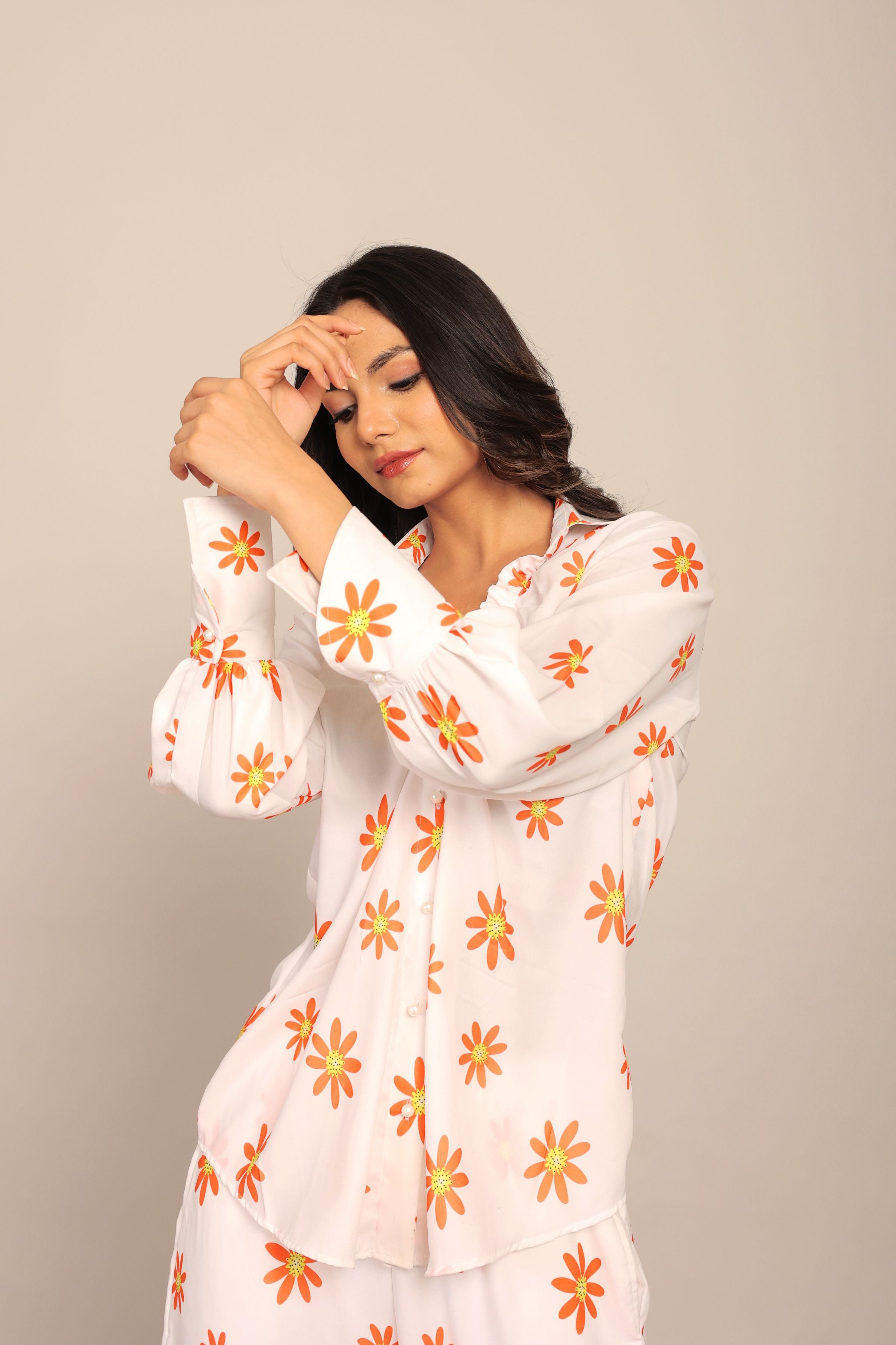 White and Orange Floral Printed Relaxed Shirt with Collar and Closer 6 Buttons - Kaoribyshreya