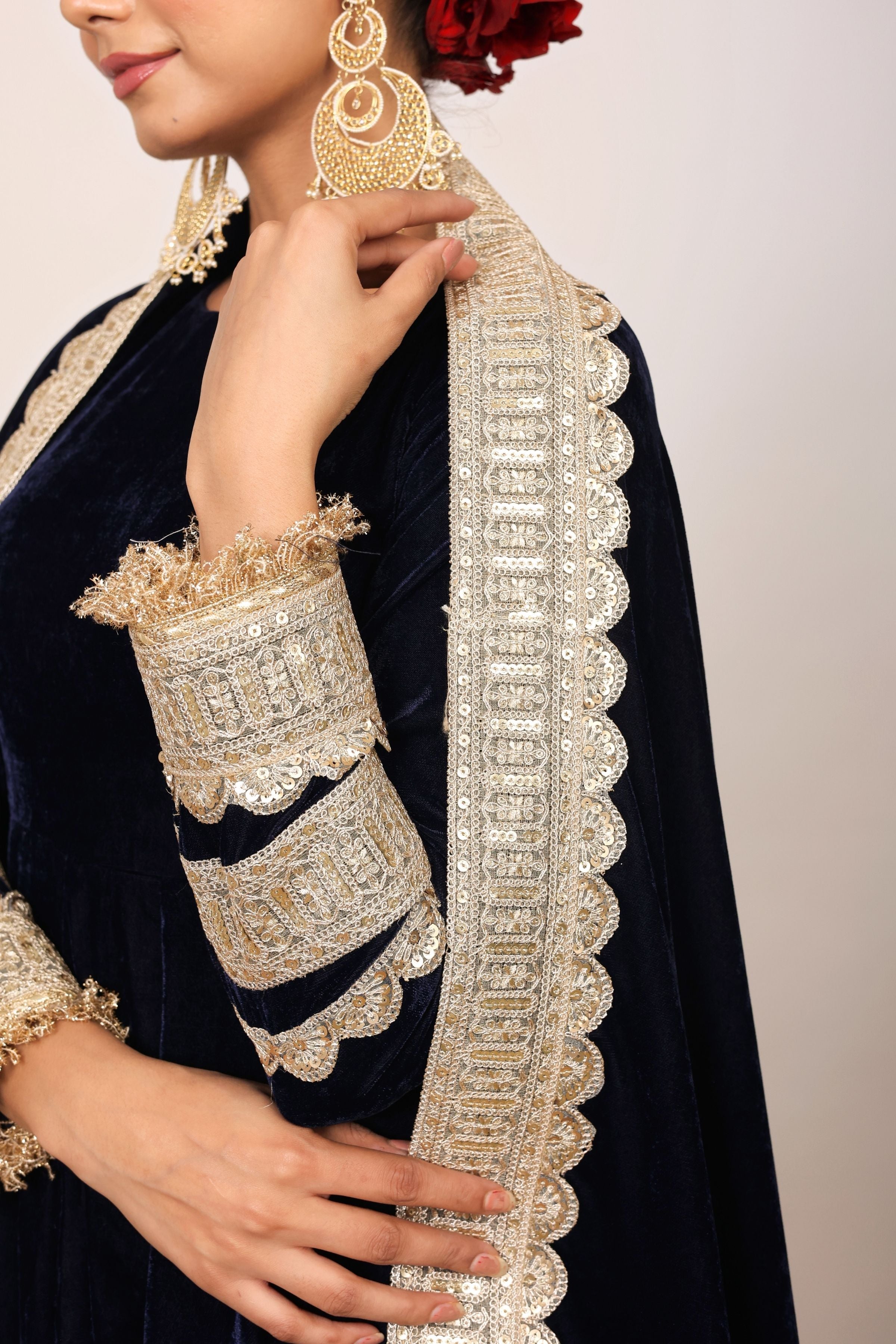 Solid Black Velvet Anarkali Kurta Paired With Pant and Dupatta - Kaoribyshreya
