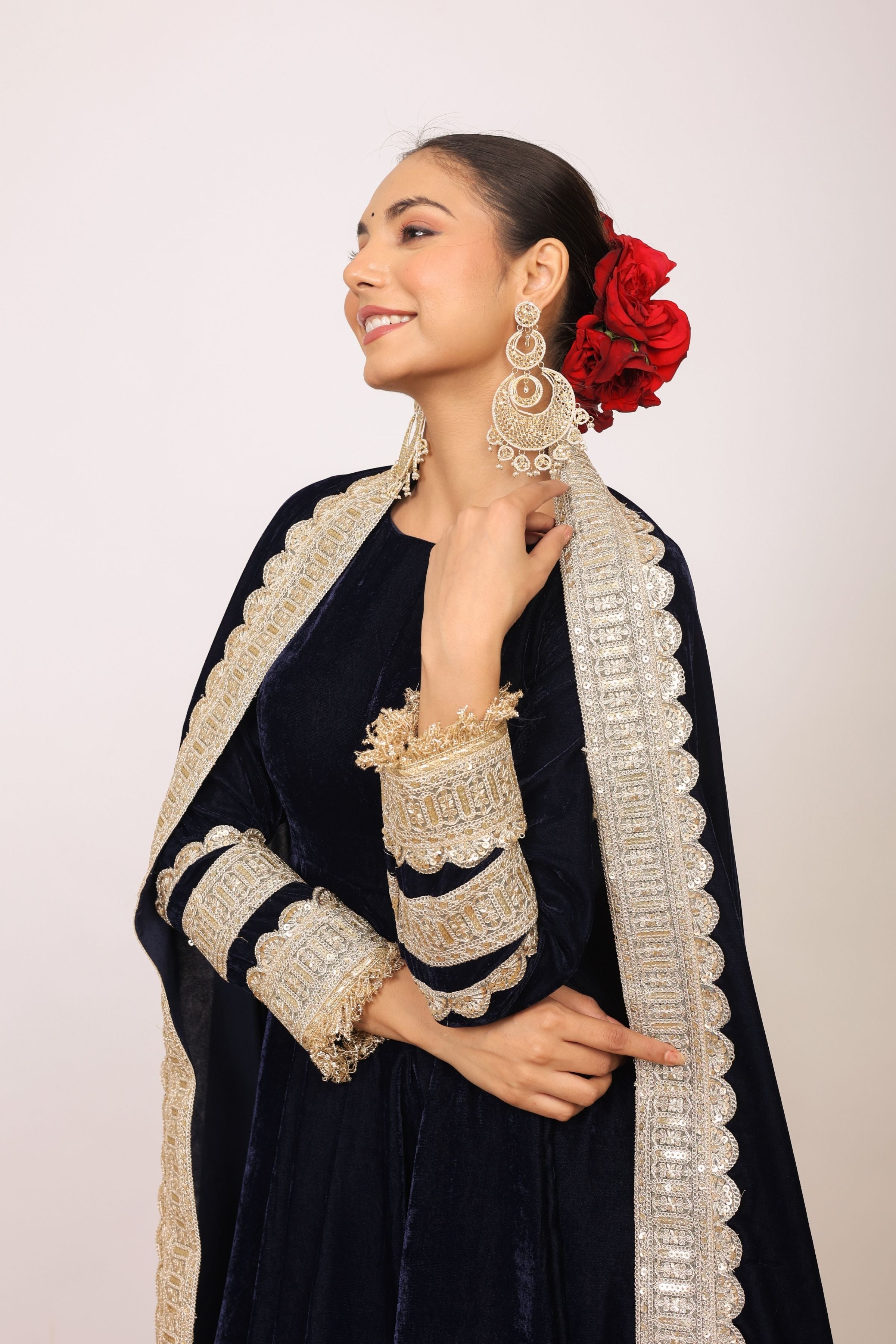 Solid Black Velvet Anarkali Kurta Paired With Pant and Dupatta - Kaoribyshreya
