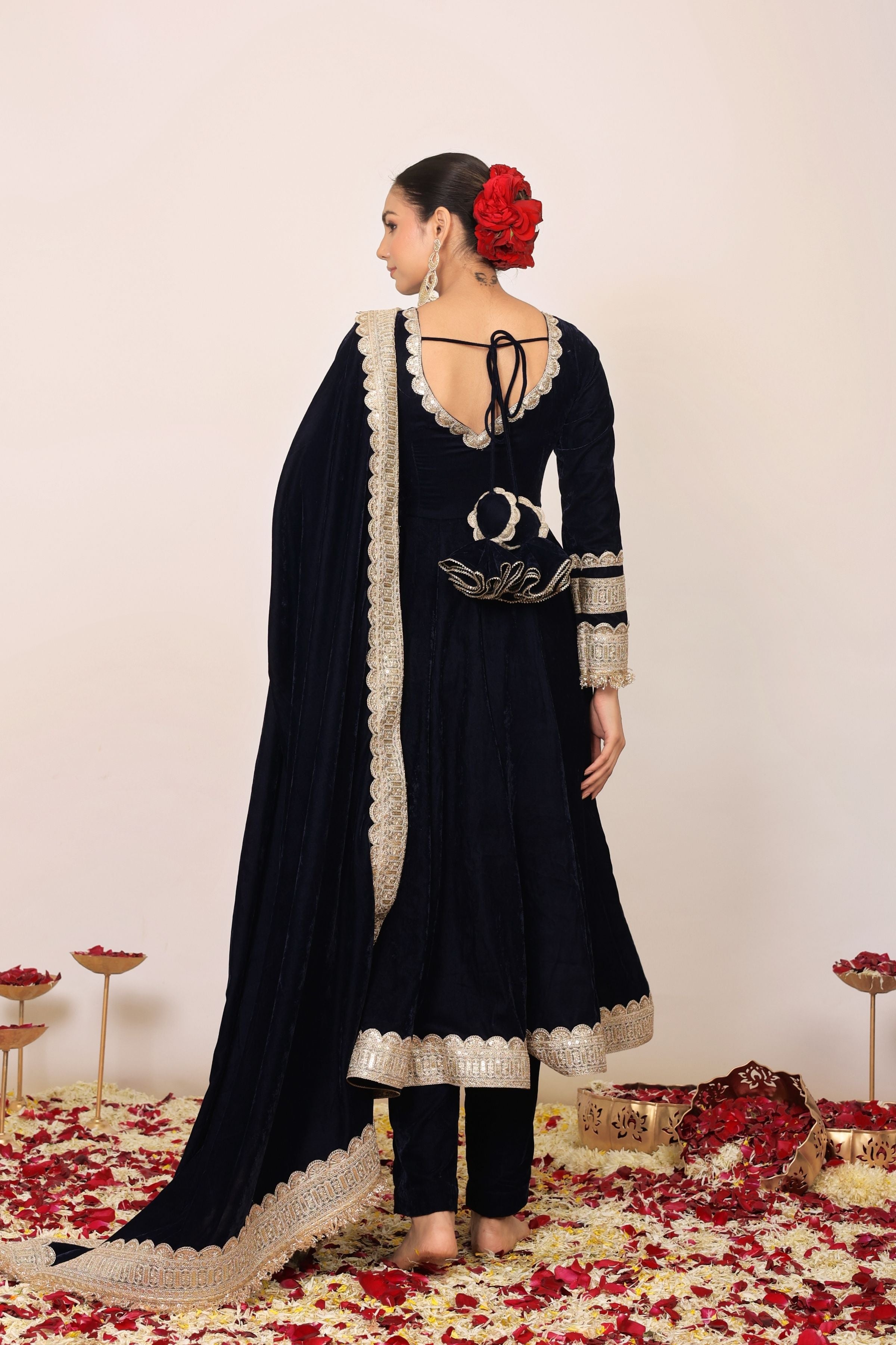 Solid Black Velvet Anarkali Kurta Paired With Pant and Dupatta - Kaoribyshreya