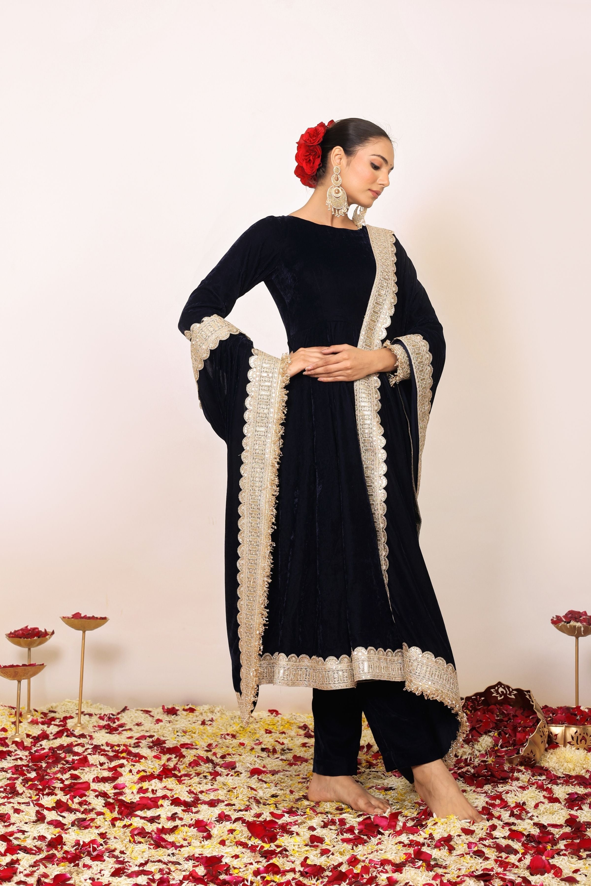 Solid Black Velvet Anarkali Kurta Paired With Pant and Dupatta - Kaoribyshreya