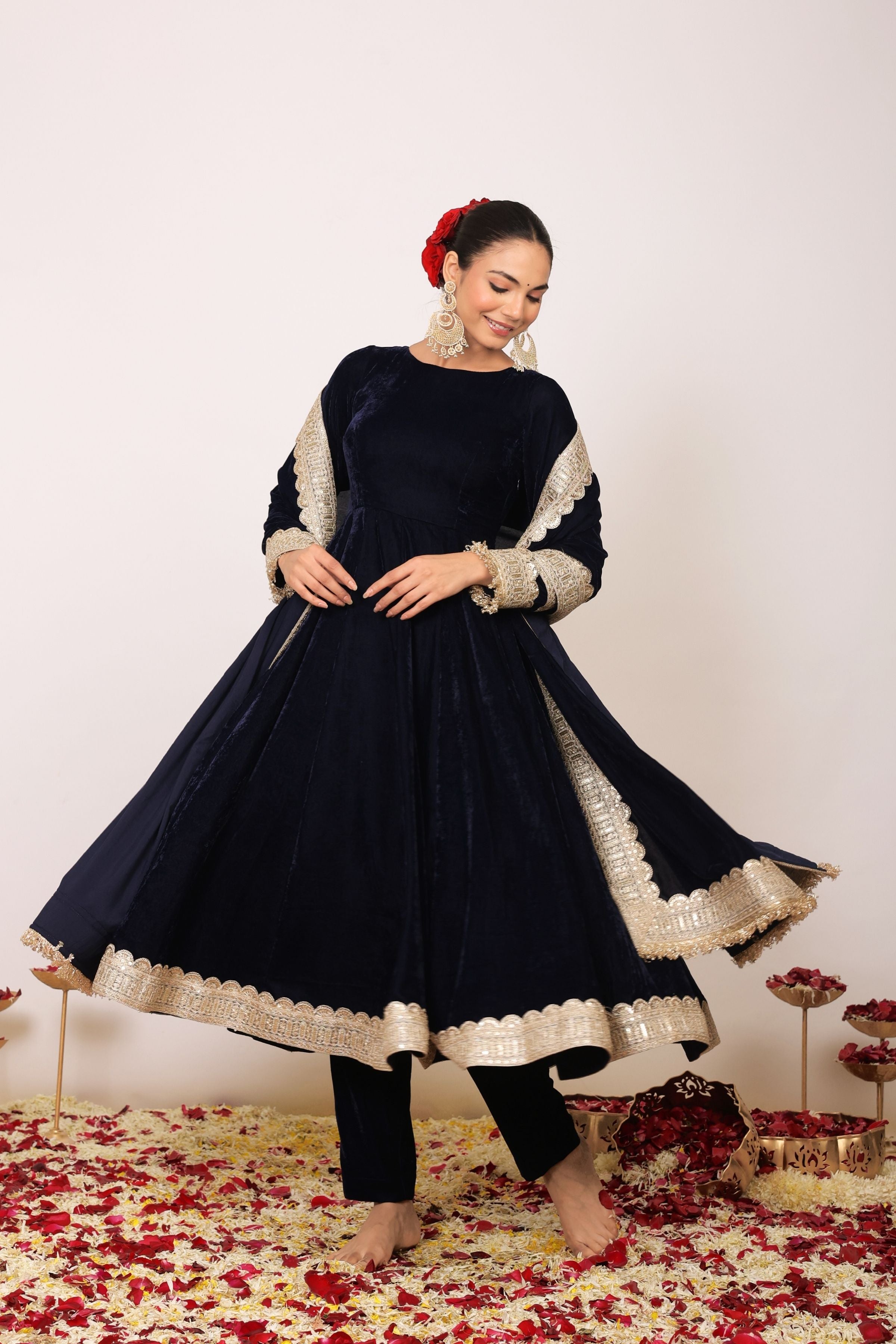 Solid Black Velvet Anarkali Kurta Paired With Pant and Dupatta - Kaoribyshreya