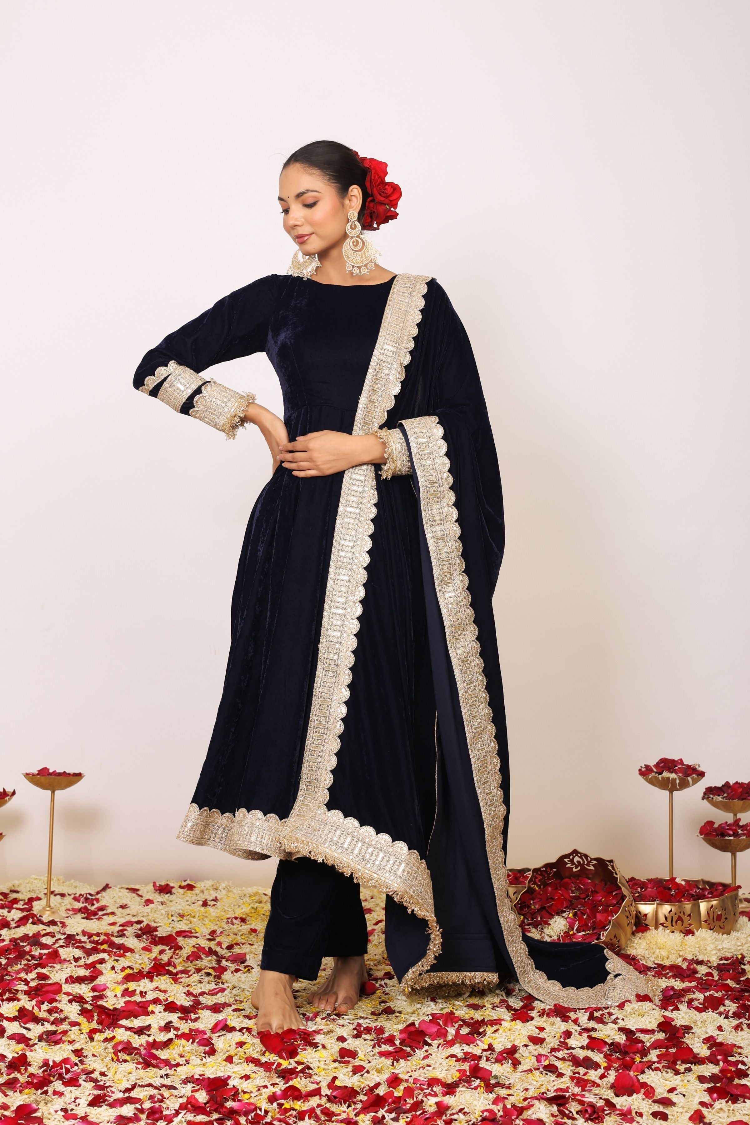 Solid Black Velvet Anarkali Kurta Paired With Pant and Dupatta - Kaoribyshreya