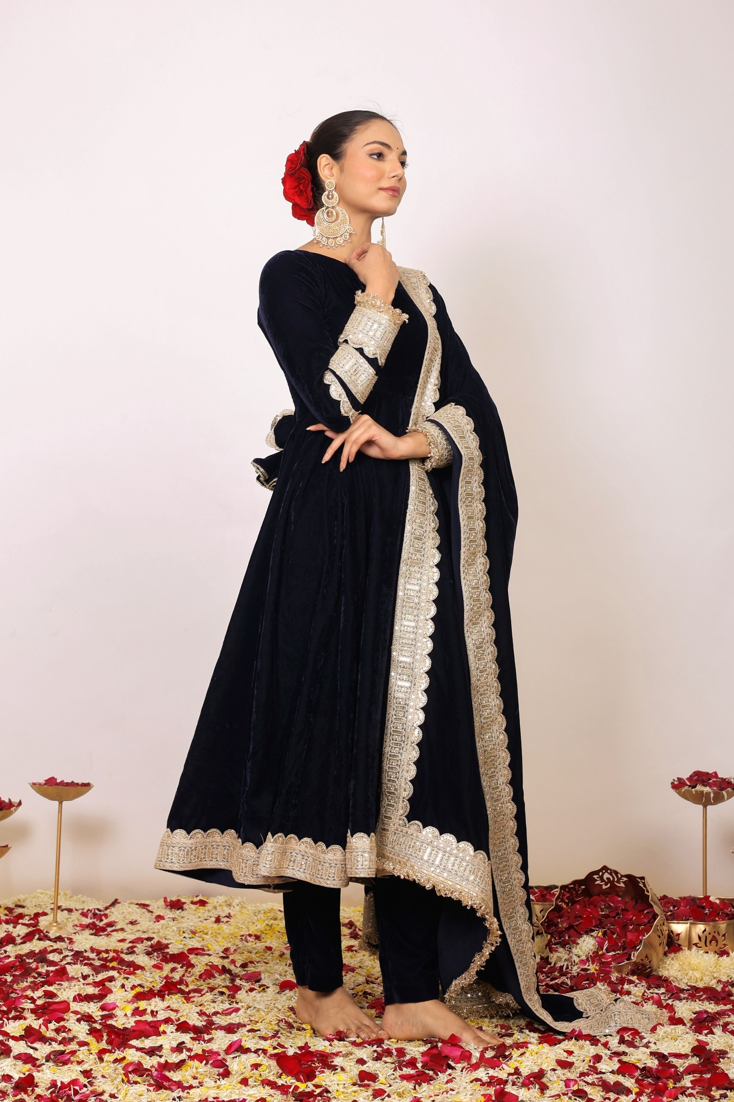 Solid Black Velvet Anarkali Kurta Paired With Pant and Dupatta - Kaoribyshreya