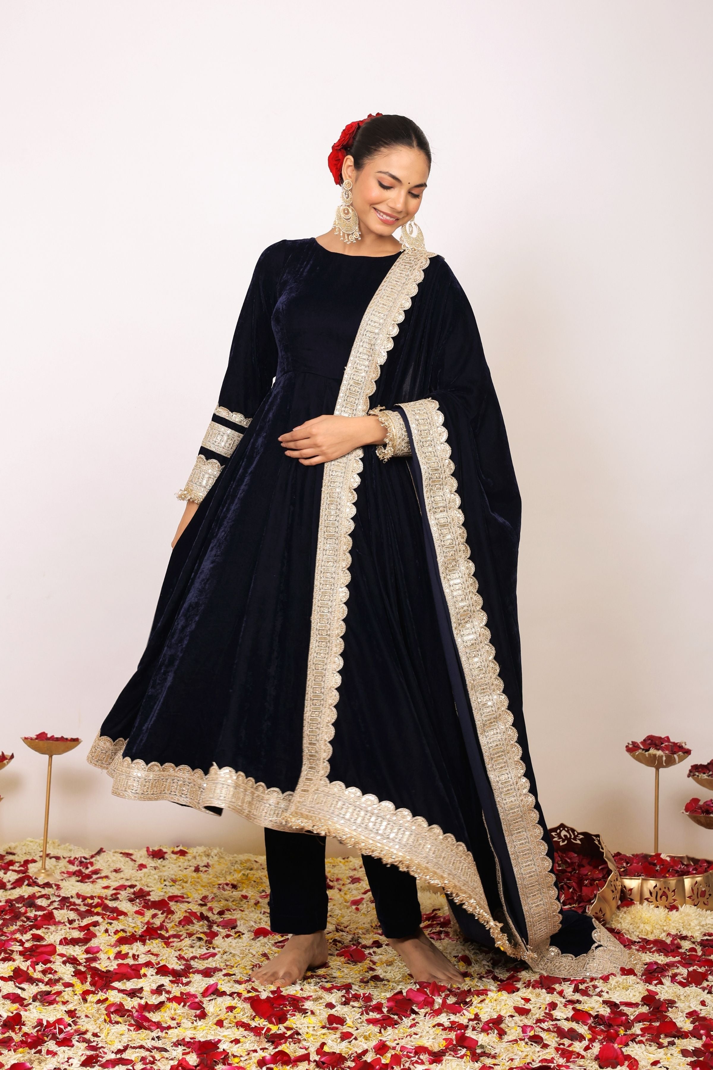 Solid Black Velvet Anarkali Kurta Paired With Pant and Dupatta - Kaoribyshreya