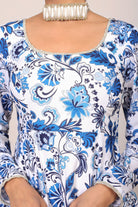 Blue and White Floral Printed Anarkali Suit Set Paired With Pant and Dark Blue Dupatta - Kaoribyshreya