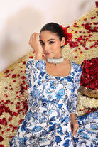 Blue and White Floral Printed Anarkali Suit Set Paired With Pant and Dark Blue Dupatta - Kaoribyshreya