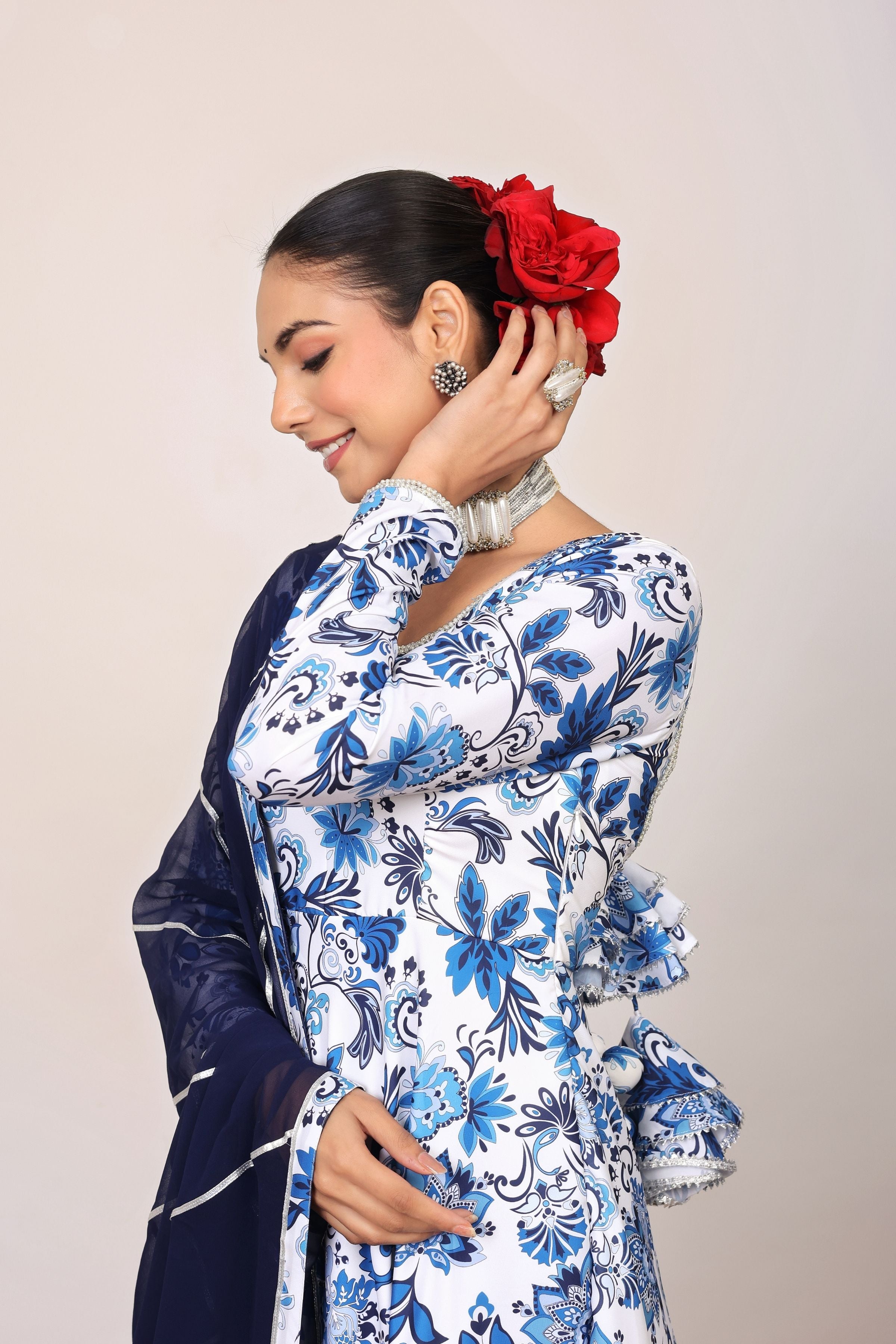 Blue and White Floral Printed Anarkali Suit Set Paired With Pant and Dark Blue Dupatta - Kaoribyshreya