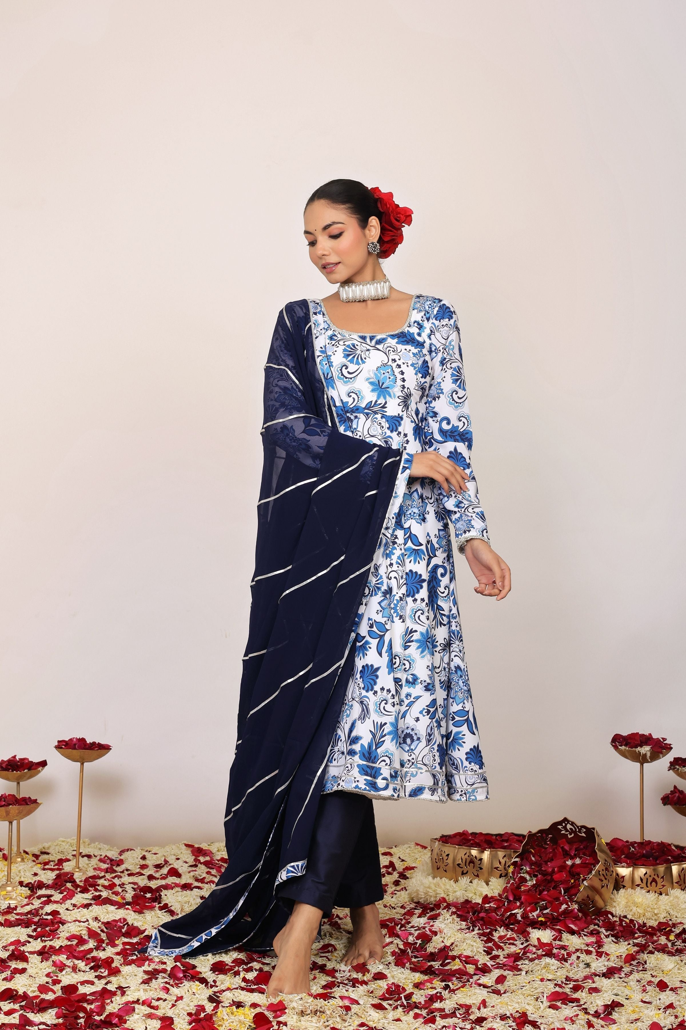 Blue and White Floral Printed Anarkali Suit Set Paired With Pant and Dark Blue Dupatta - Kaoribyshreya
