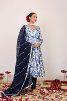 Blue and White Floral Printed Anarkali Suit Set Paired With Pant and Dark Blue Dupatta - Kaoribyshreya