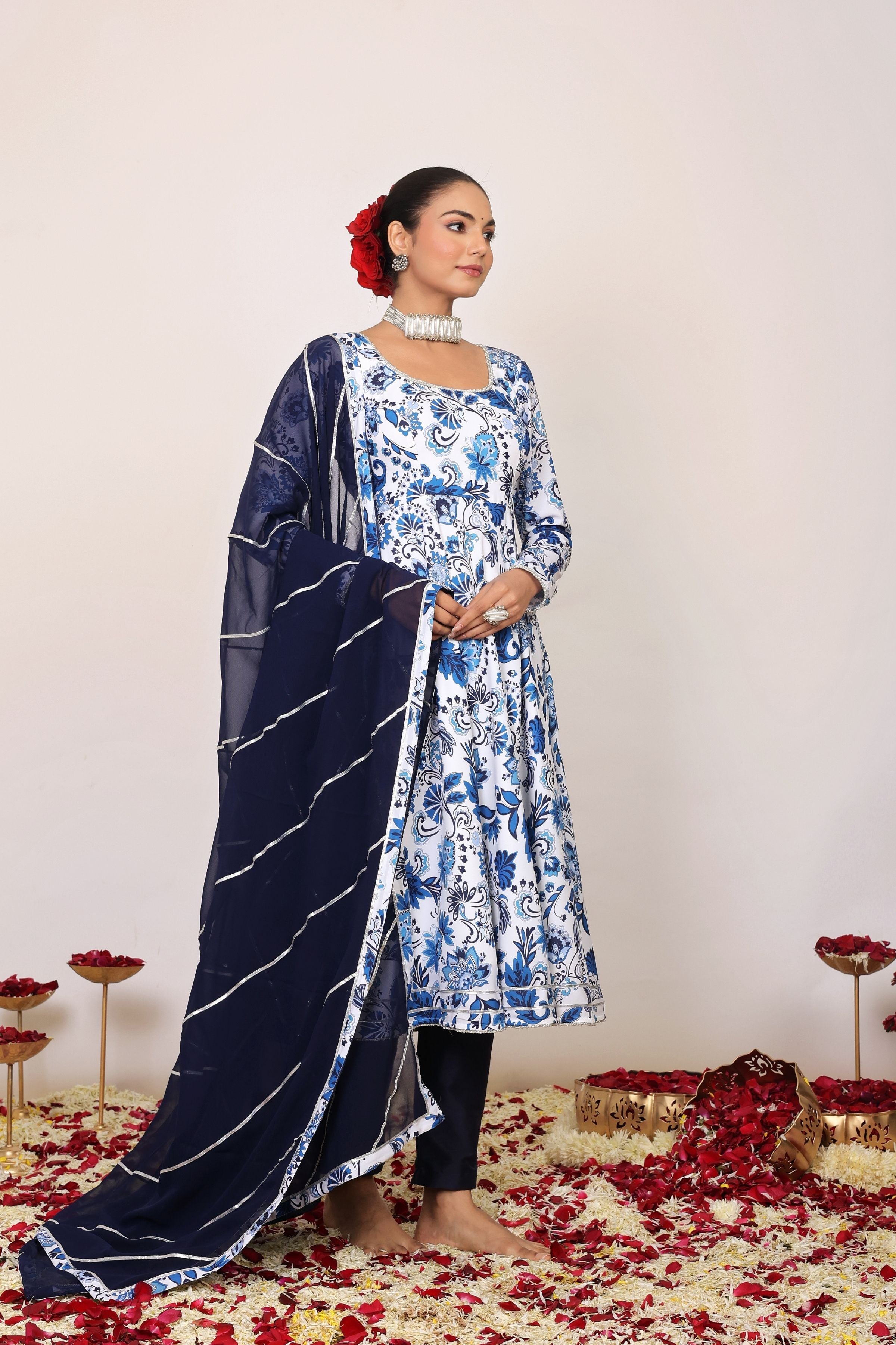 Blue and White Floral Printed Anarkali Suit Set Paired With Pant and Dark Blue Dupatta - Kaoribyshreya