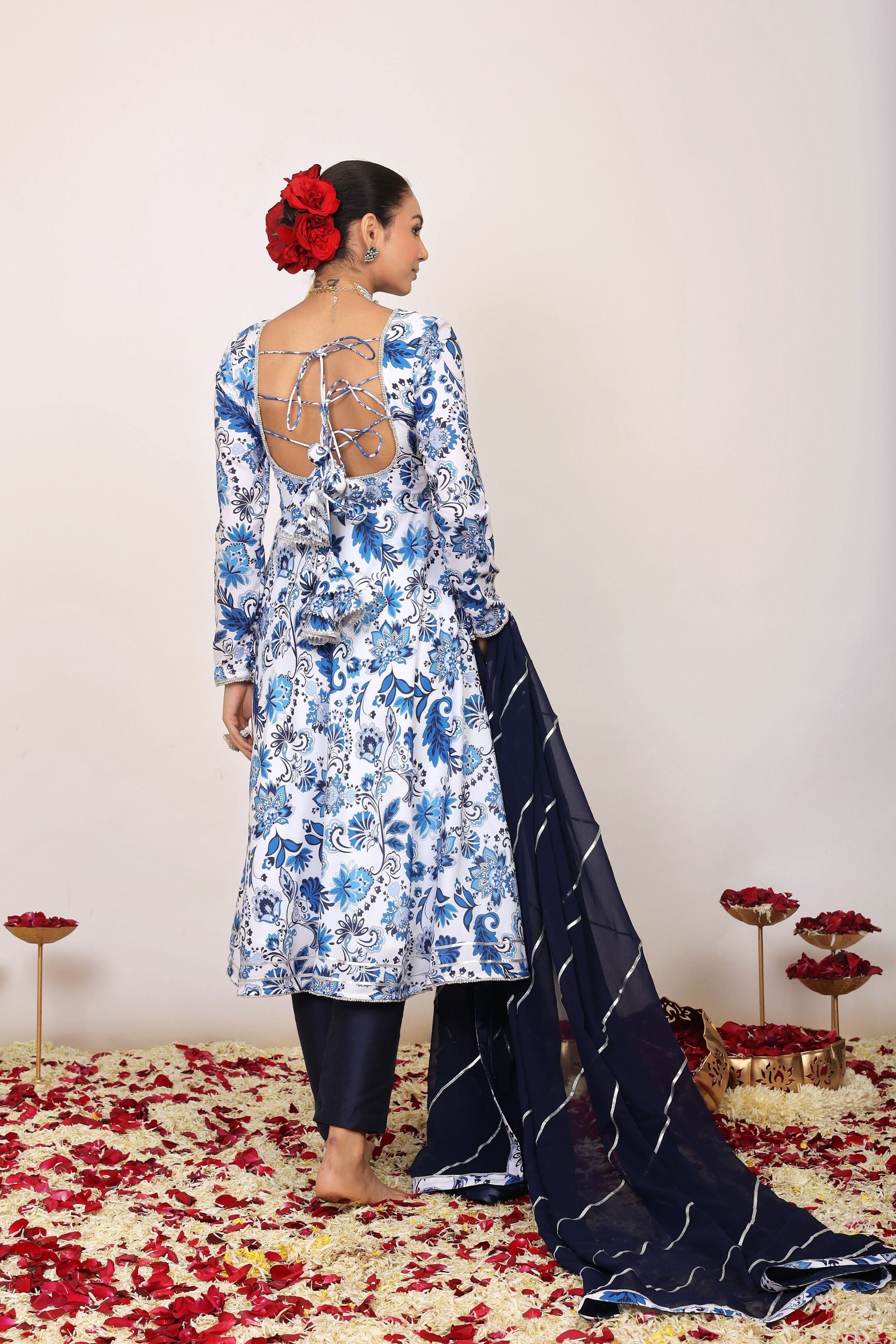 Blue and White Floral Printed Anarkali Suit Set Paired With Pant and Dark Blue Dupatta - Kaoribyshreya
