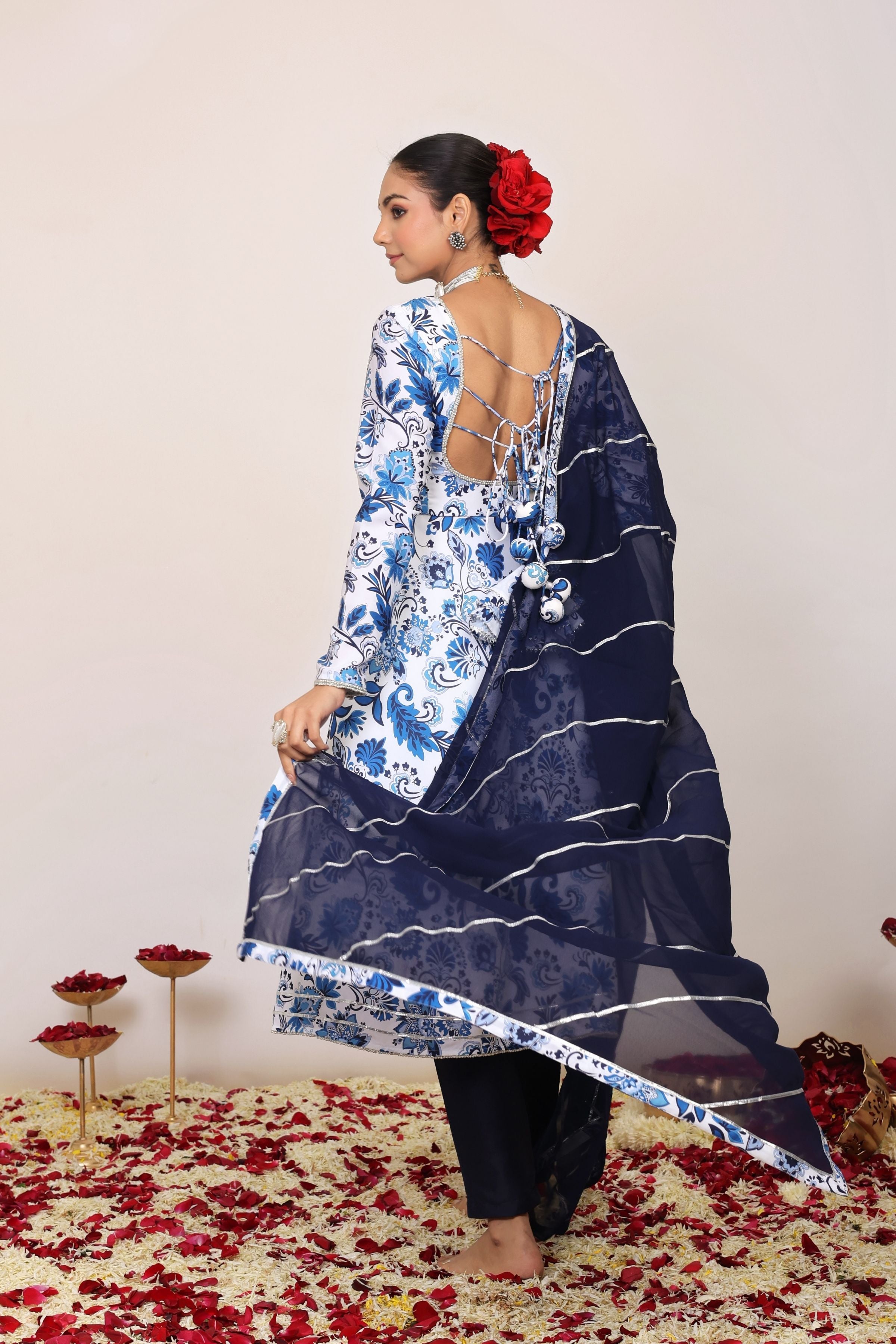 Blue and White Floral Printed Anarkali Suit Set Paired With Pant and Dark Blue Dupatta - Kaoribyshreya