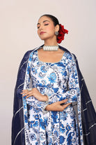 Blue and White Floral Printed Anarkali Suit Set Paired With Pant and Dark Blue Dupatta - Kaoribyshreya