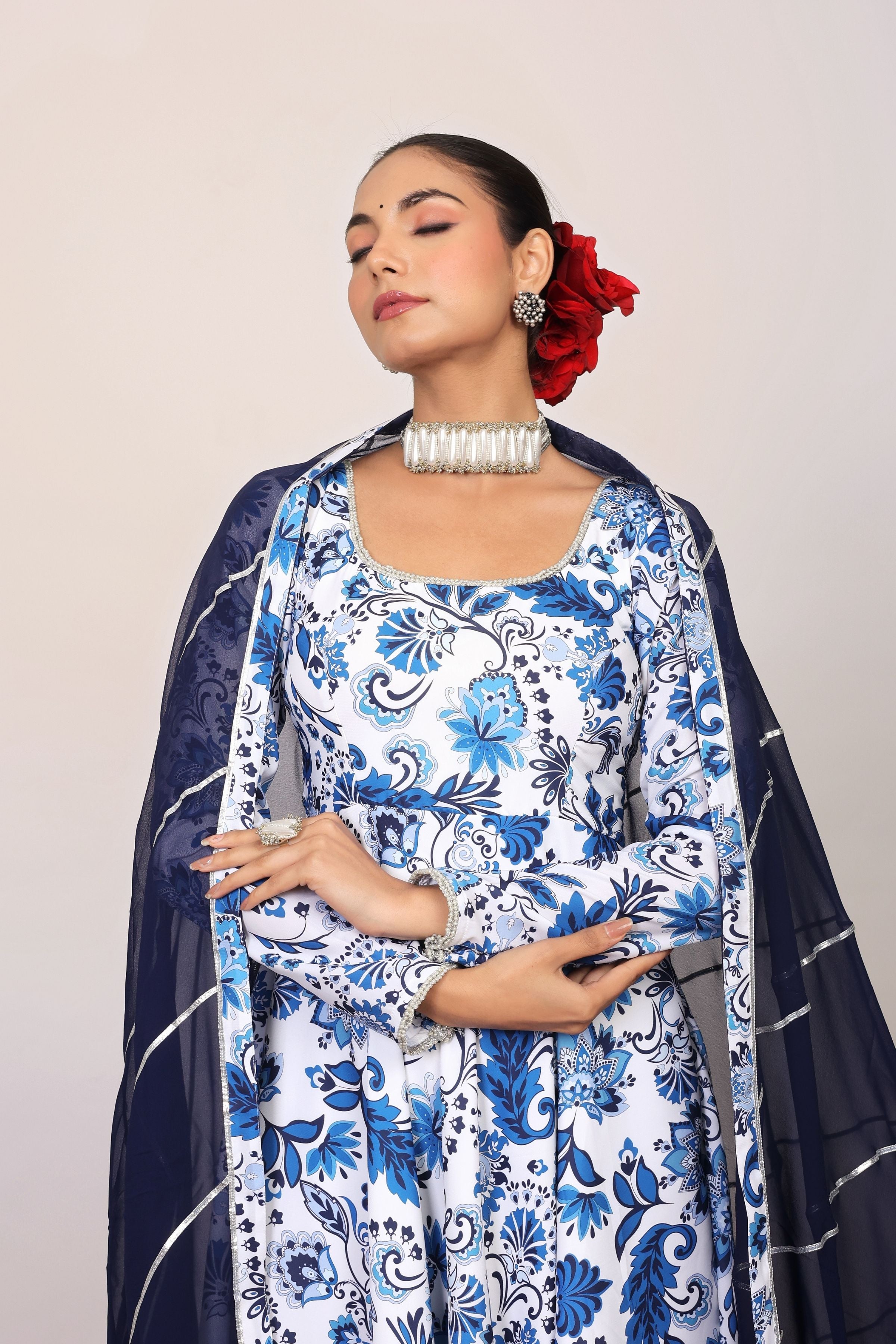 Blue and White Floral Printed Anarkali Suit Set Paired With Pant and Dark Blue Dupatta - Kaoribyshreya