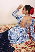 Blue and White Floral Printed Anarkali Suit Set Paired With Pant and Dark Blue Dupatta - Kaoribyshreya