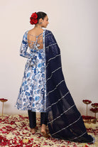 Blue and White Floral Printed Anarkali Suit Set Paired With Pant and Dark Blue Dupatta - Kaoribyshreya