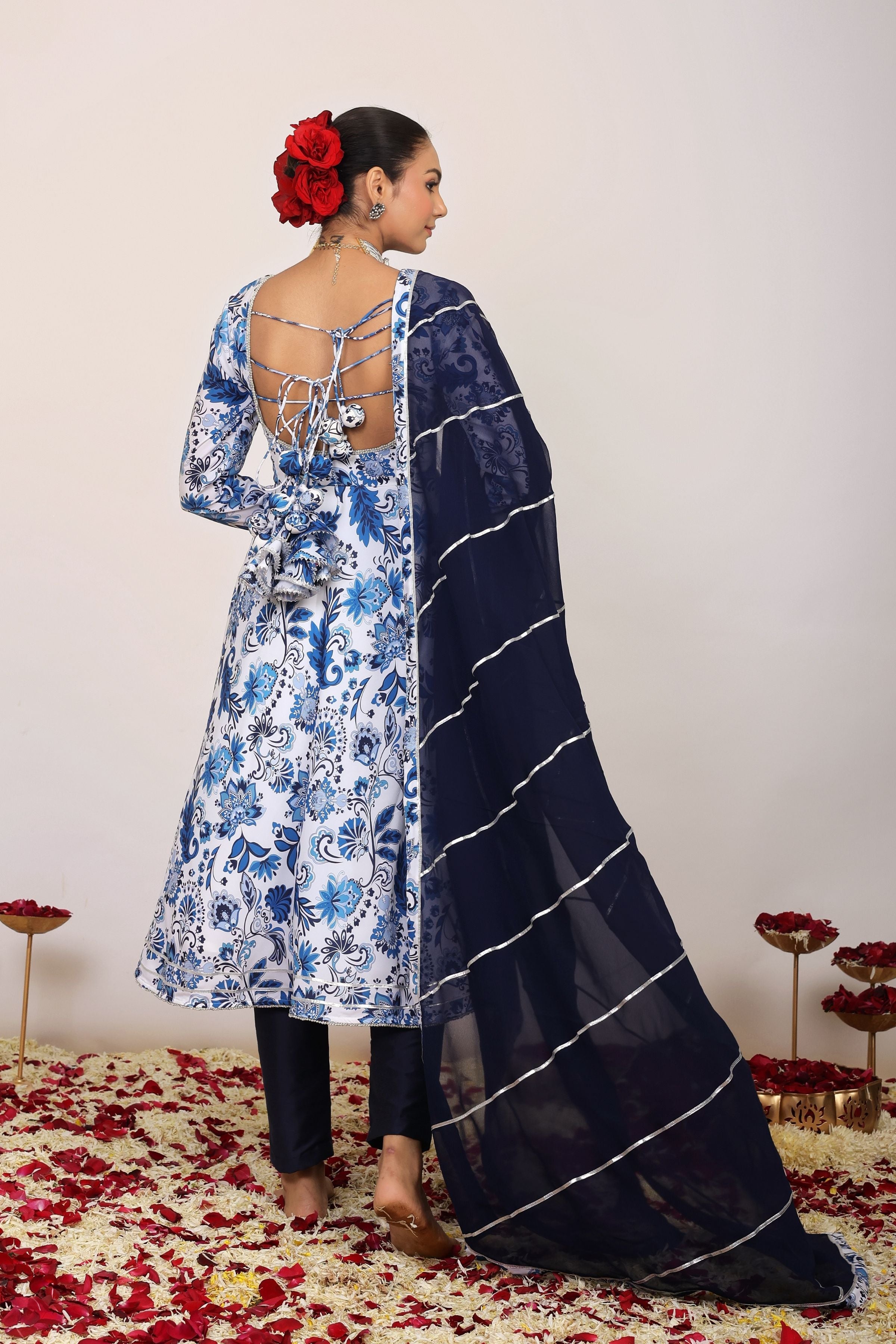 Blue and White Floral Printed Anarkali Suit Set Paired With Pant and Dark Blue Dupatta - Kaoribyshreya