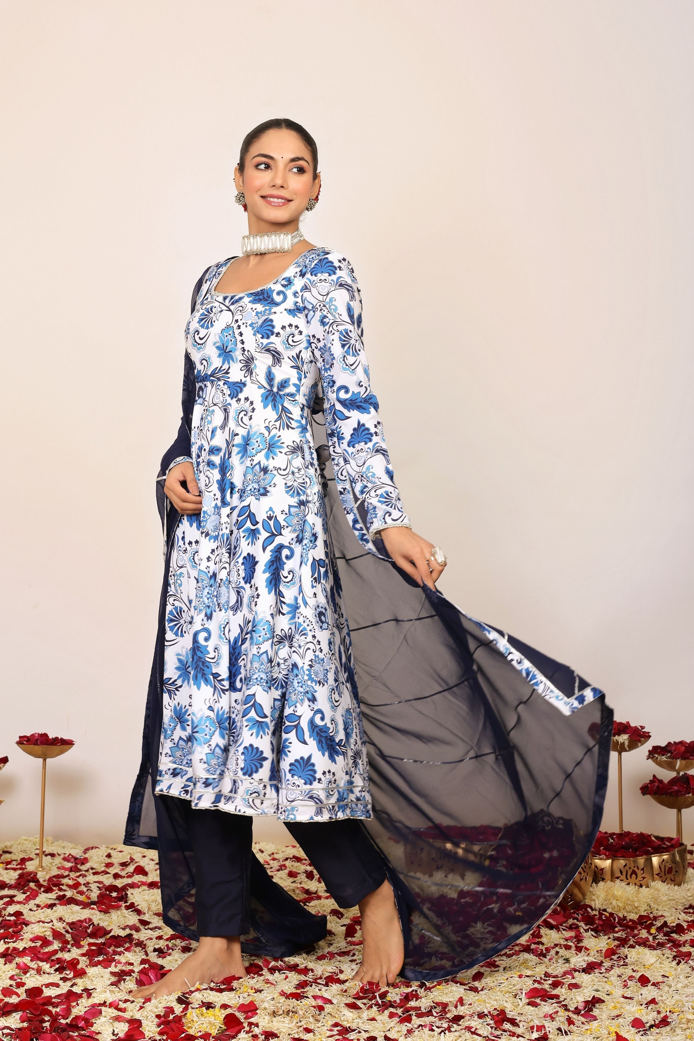 Blue and White Floral Printed Anarkali Suit Set Paired With Pant and Dark Blue Dupatta - Kaoribyshreya