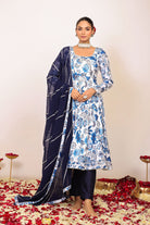 Blue and White Floral Printed Anarkali Suit Set Paired With Pant and Dark Blue Dupatta - Kaoribyshreya