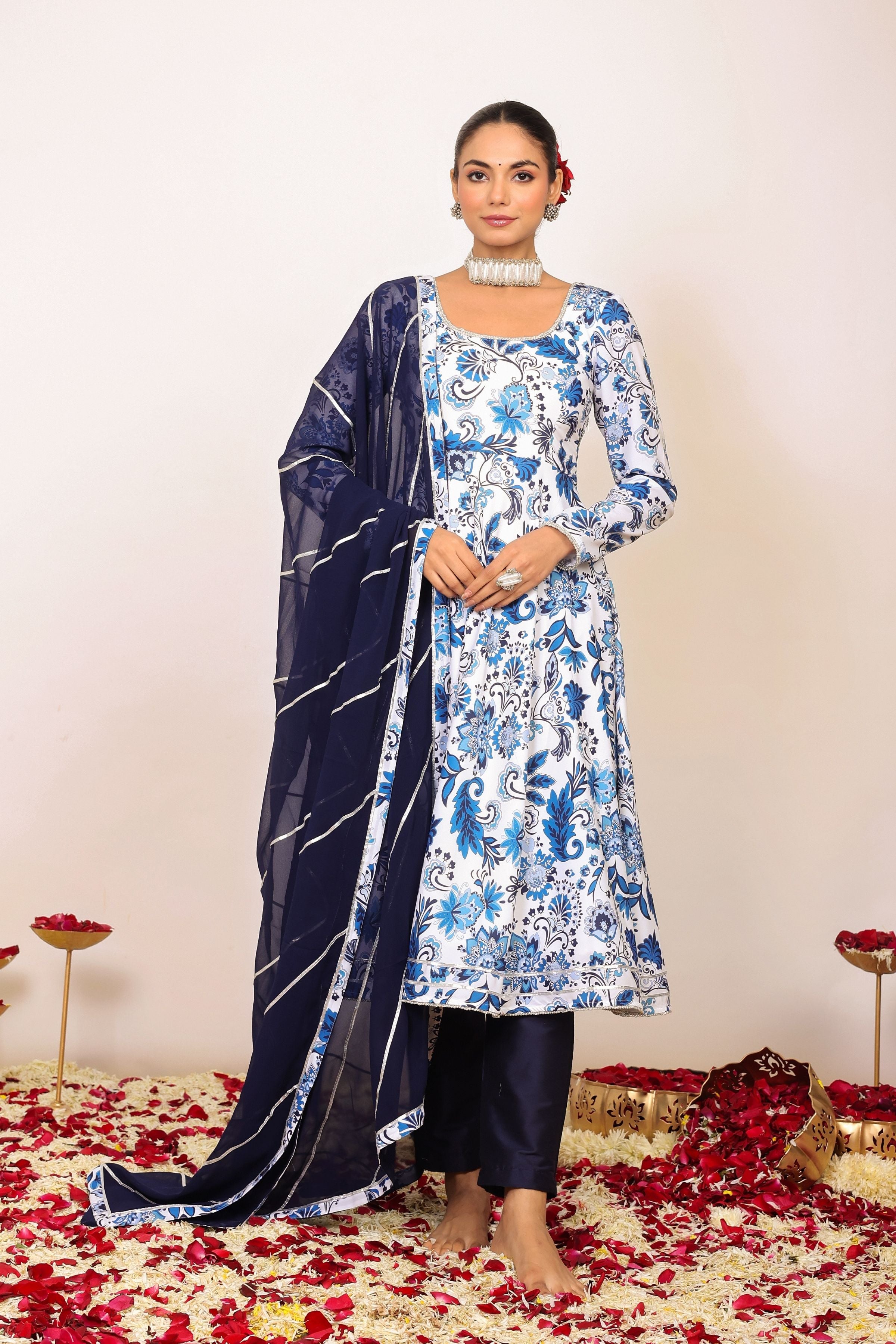 Blue and White Floral Printed Anarkali Suit Set Paired With Pant and Dark Blue Dupatta - Kaoribyshreya