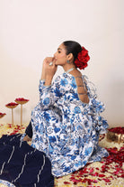 Blue and White Floral Printed Anarkali Suit Set Paired With Pant and Dark Blue Dupatta - Kaoribyshreya