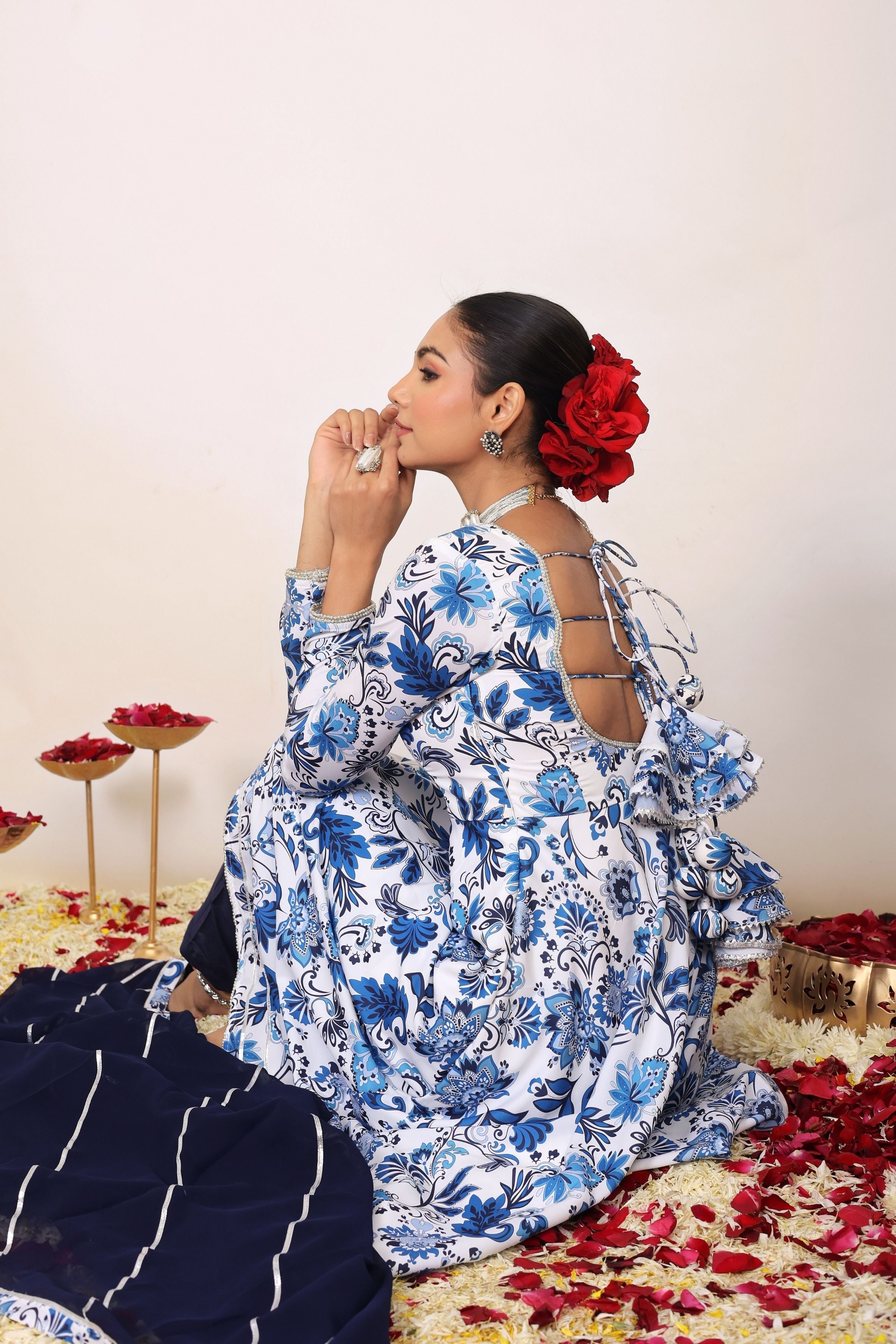 Blue and White Floral Printed Anarkali Suit Set Paired With Pant and Dark Blue Dupatta - Kaoribyshreya