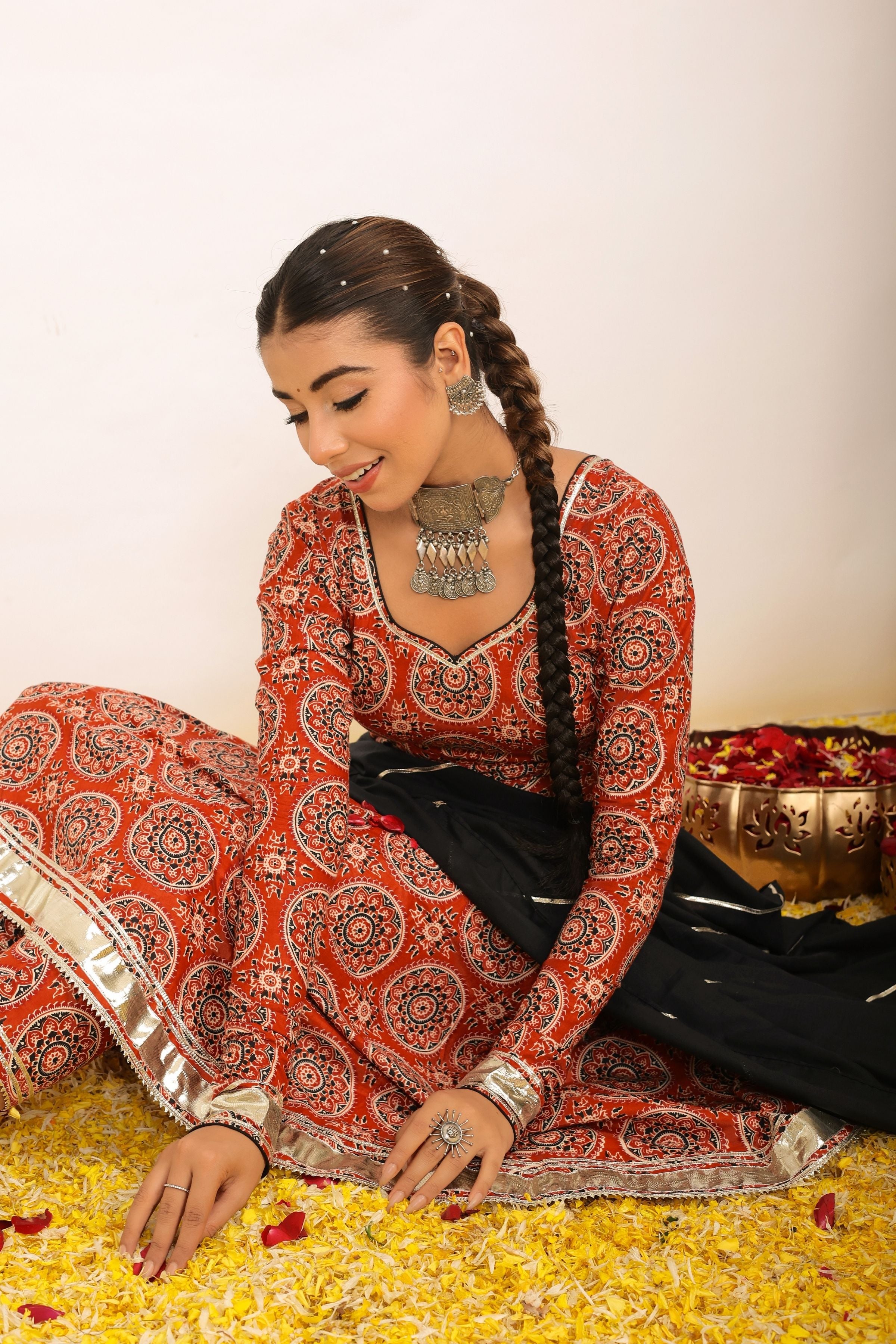 Brown and Multicolor Printed Anarkali Suit Set Paired With Pant and Black Dupatta - Kaoribyshreya