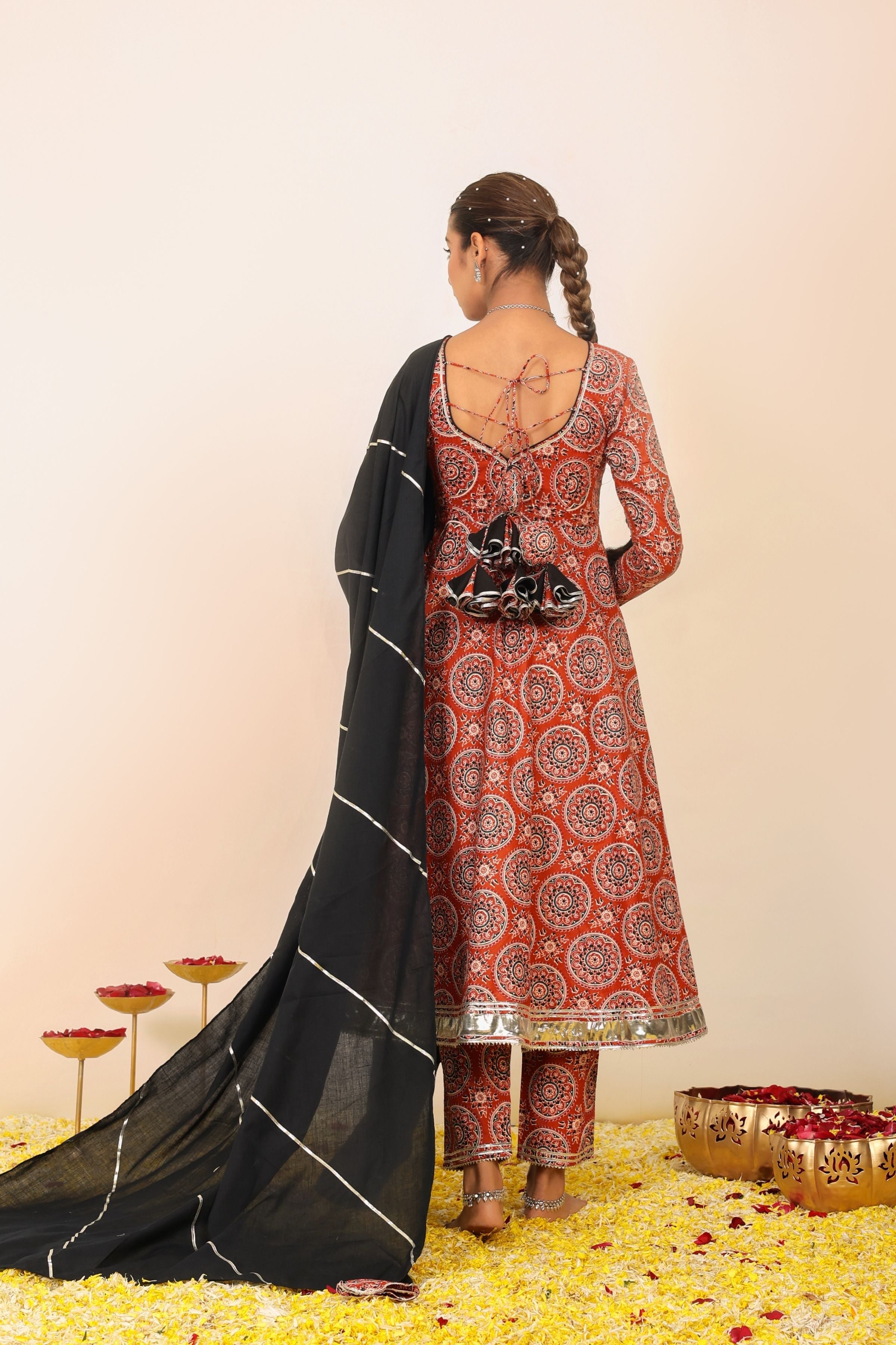 Brown and Multicolor Printed Anarkali Suit Set Paired With Pant and Black Dupatta - Kaoribyshreya