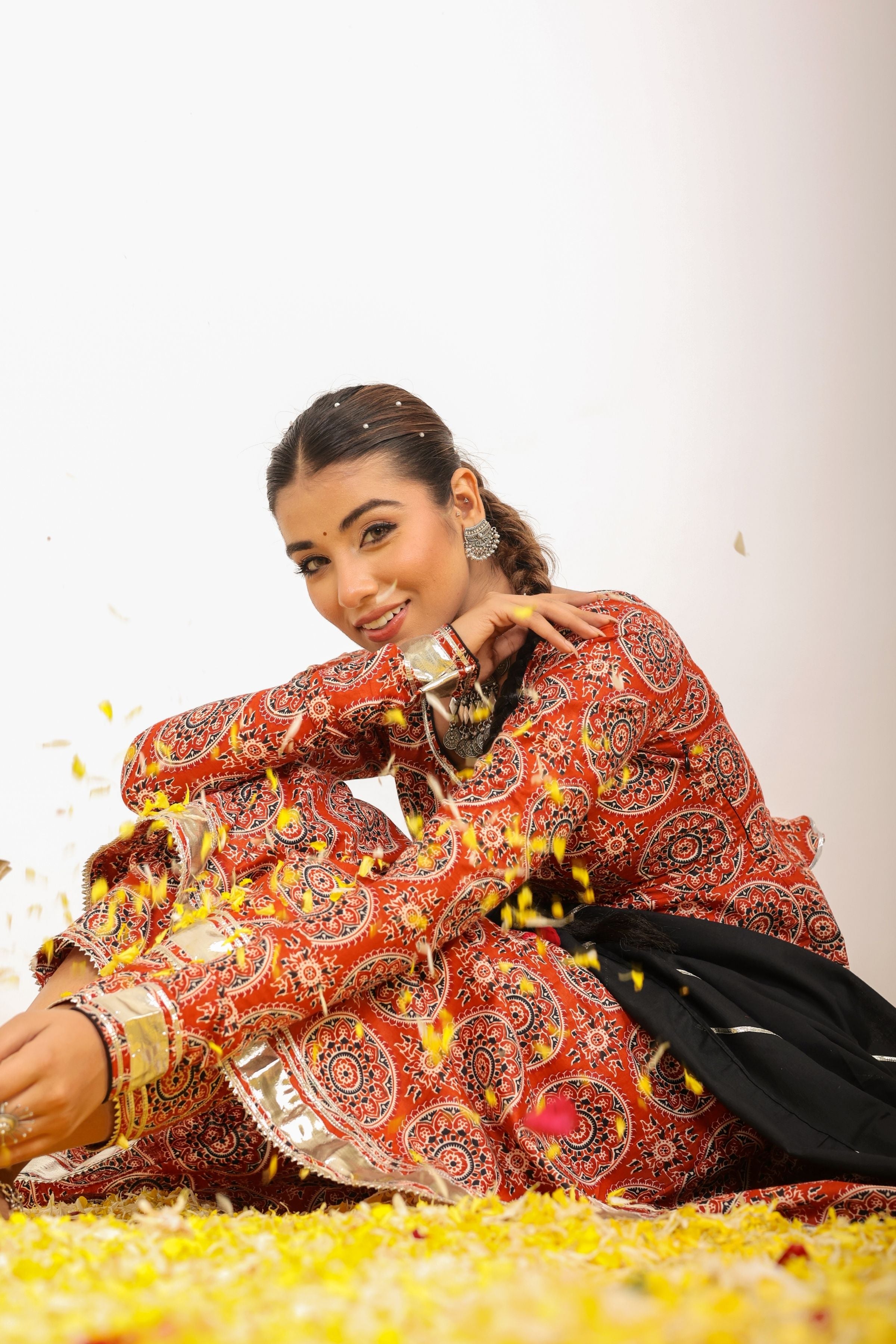 Brown and Multicolor Printed Anarkali Suit Set Paired With Pant and Black Dupatta - Kaoribyshreya
