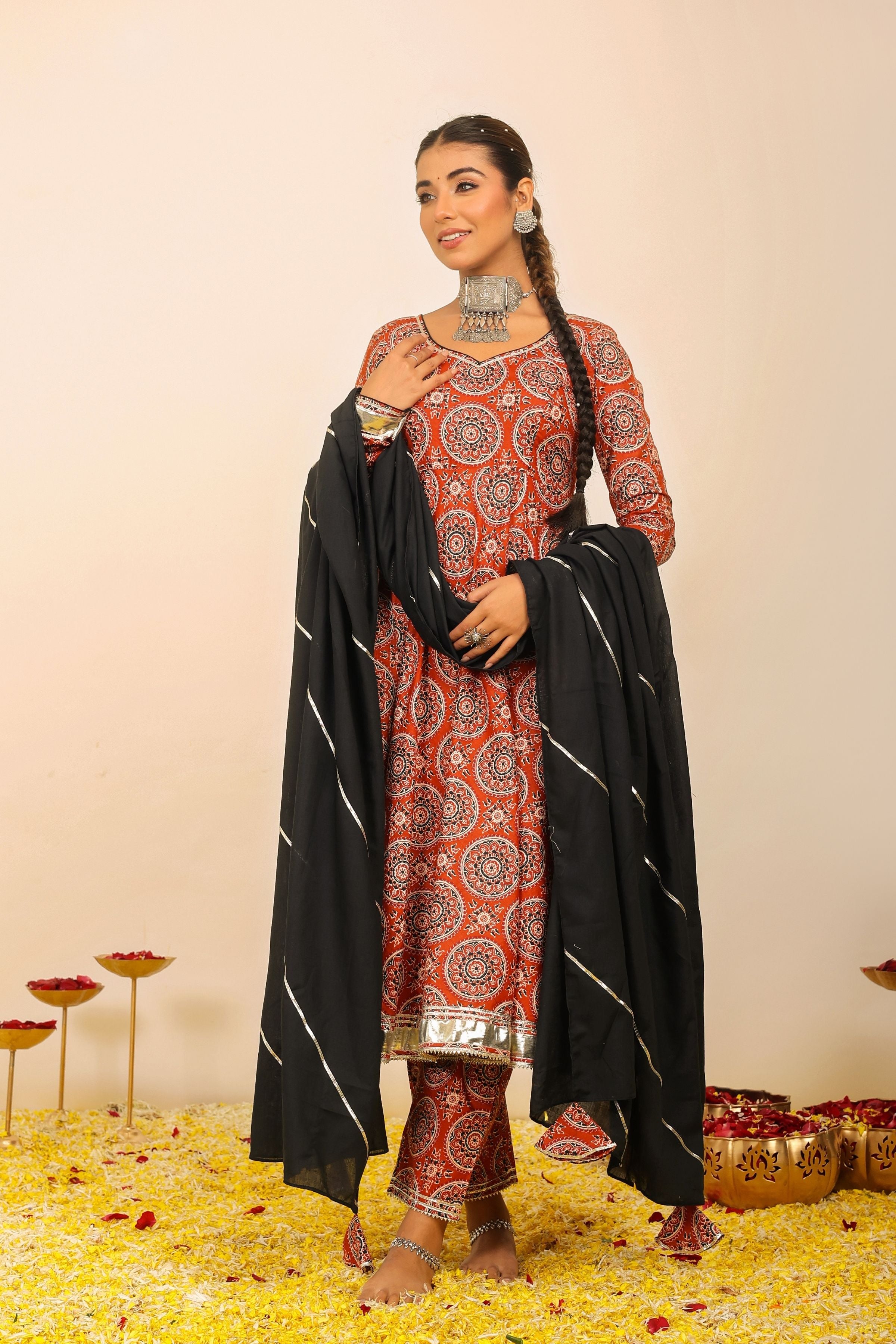 Brown and Multicolor Printed Anarkali Suit Set Paired With Pant and Black Dupatta - Kaoribyshreya