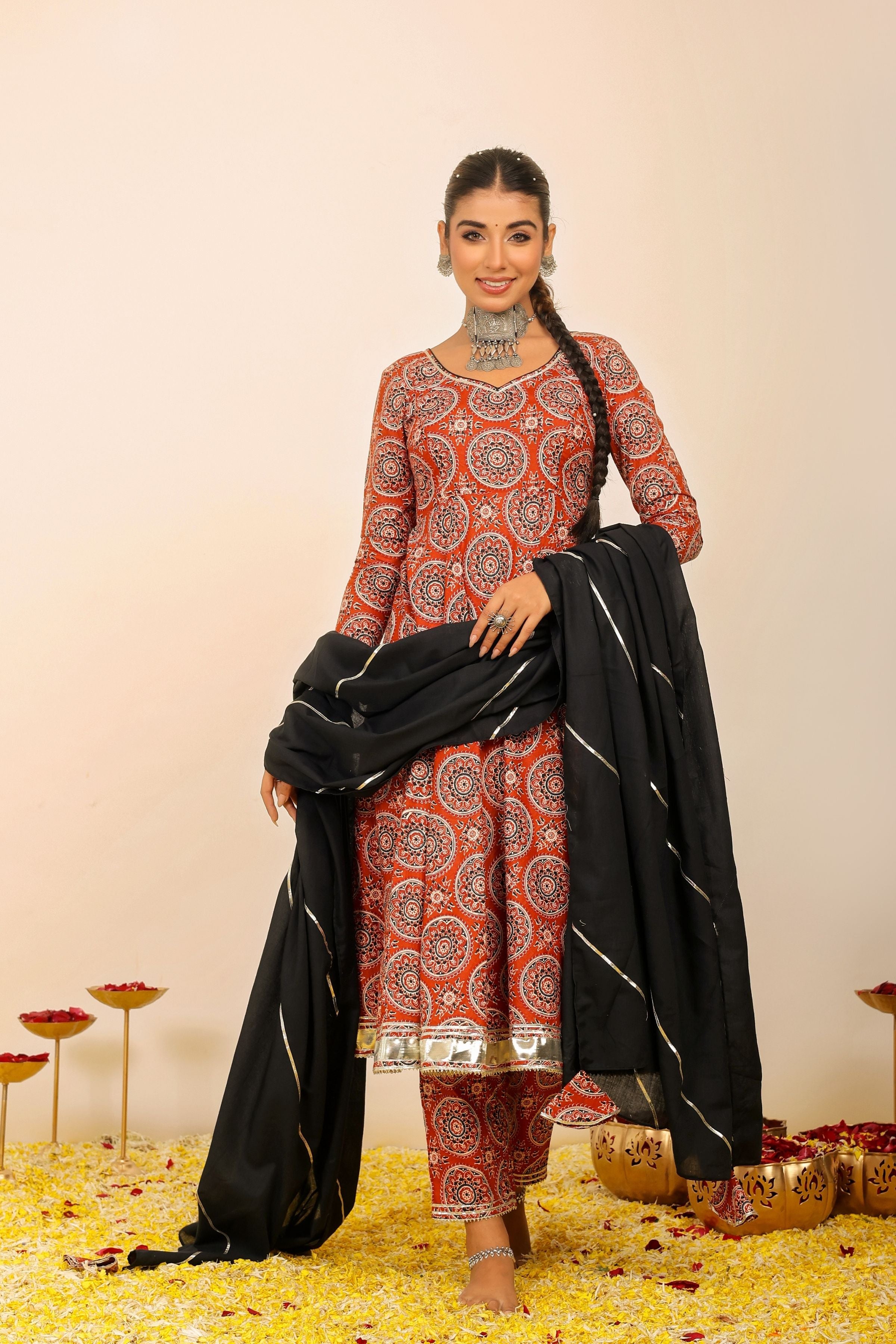 Brown and Multicolor Printed Anarkali Suit Set Paired With Pant and Black Dupatta - Kaoribyshreya