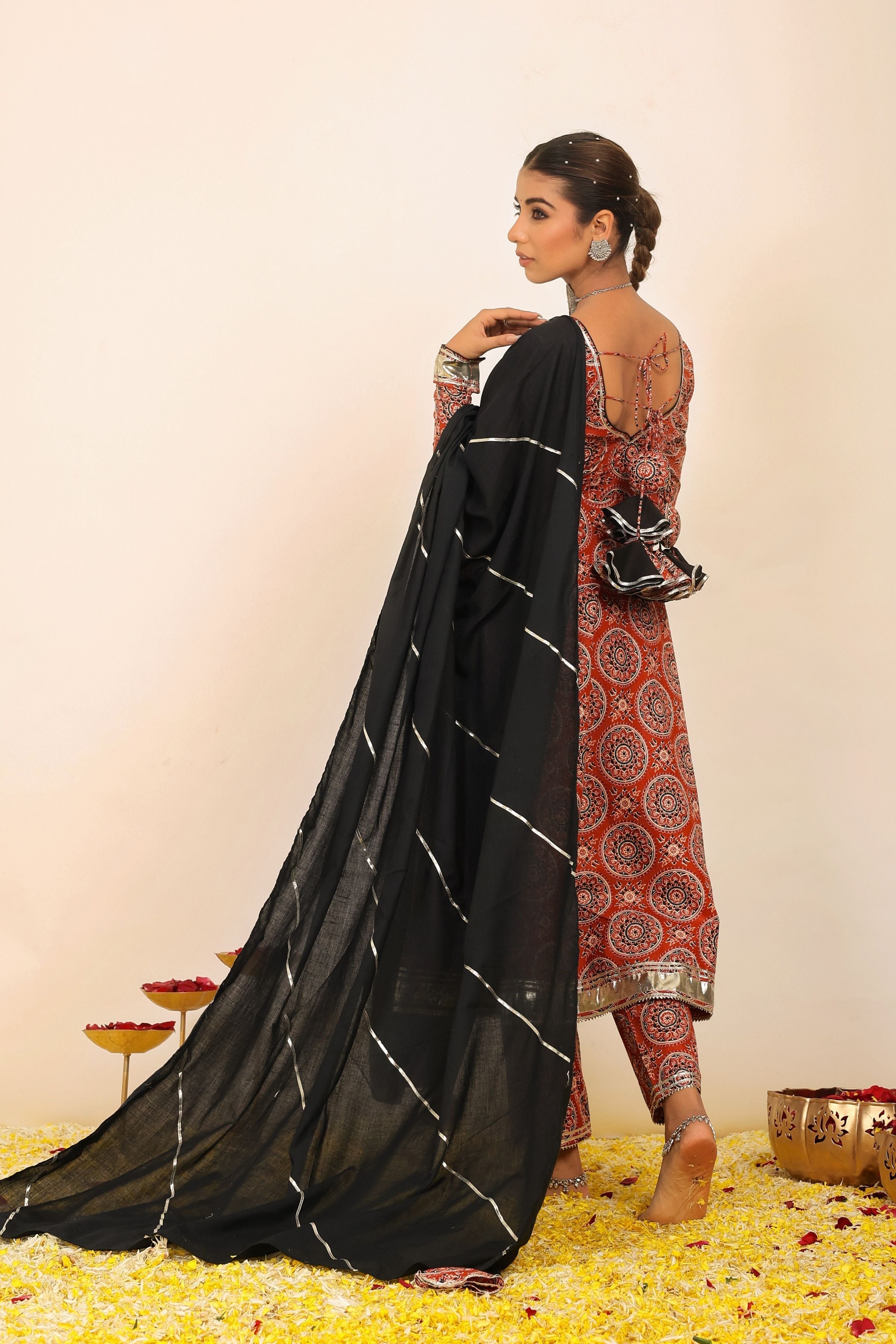 Brown and Multicolor Printed Anarkali Suit Set Paired With Pant and Black Dupatta - Kaoribyshreya