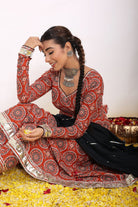 Brown and Multicolor Printed Anarkali Suit Set Paired With Pant and Black Dupatta - Kaoribyshreya