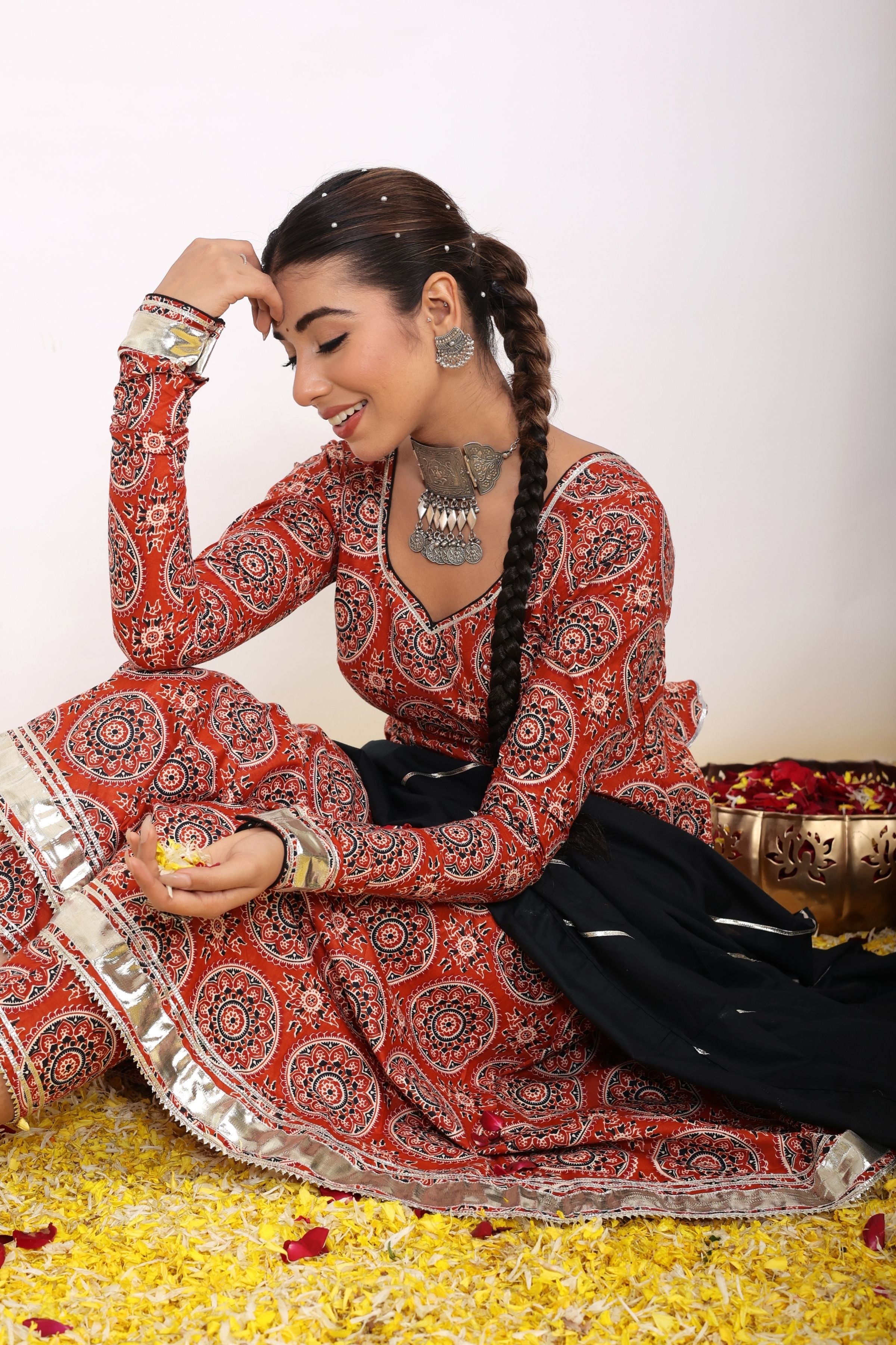 Brown and Multicolor Printed Anarkali Suit Set Paired With Pant and Black Dupatta - Kaoribyshreya