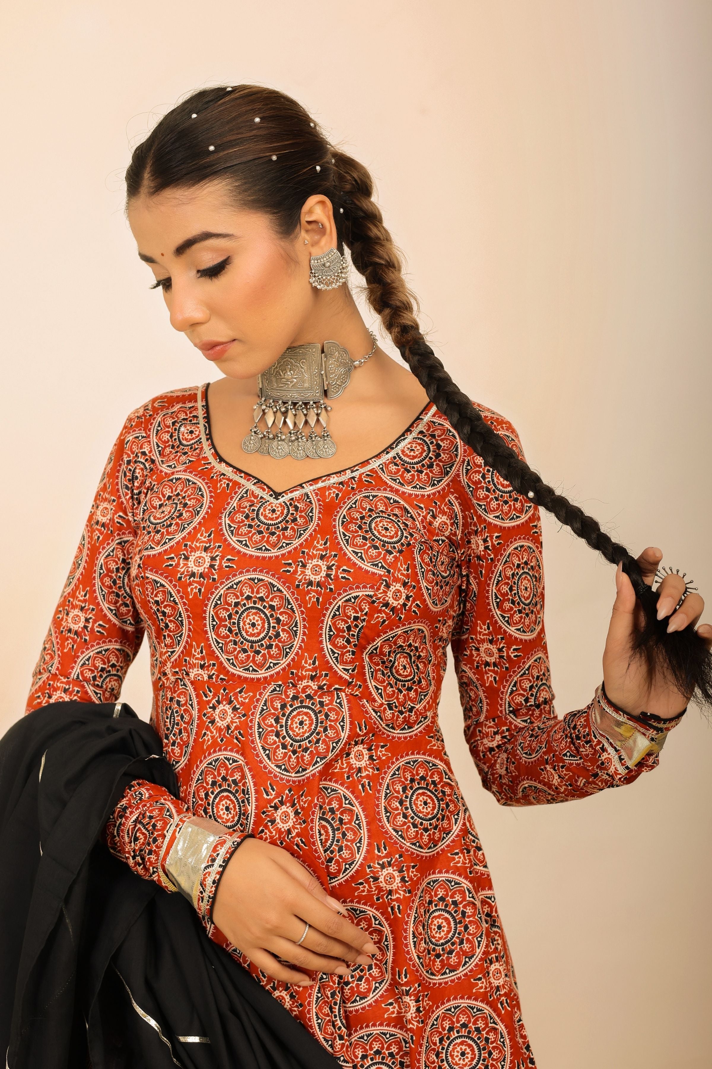 Brown and Multicolor Printed Anarkali Suit Set Paired With Pant and Black Dupatta - Kaoribyshreya