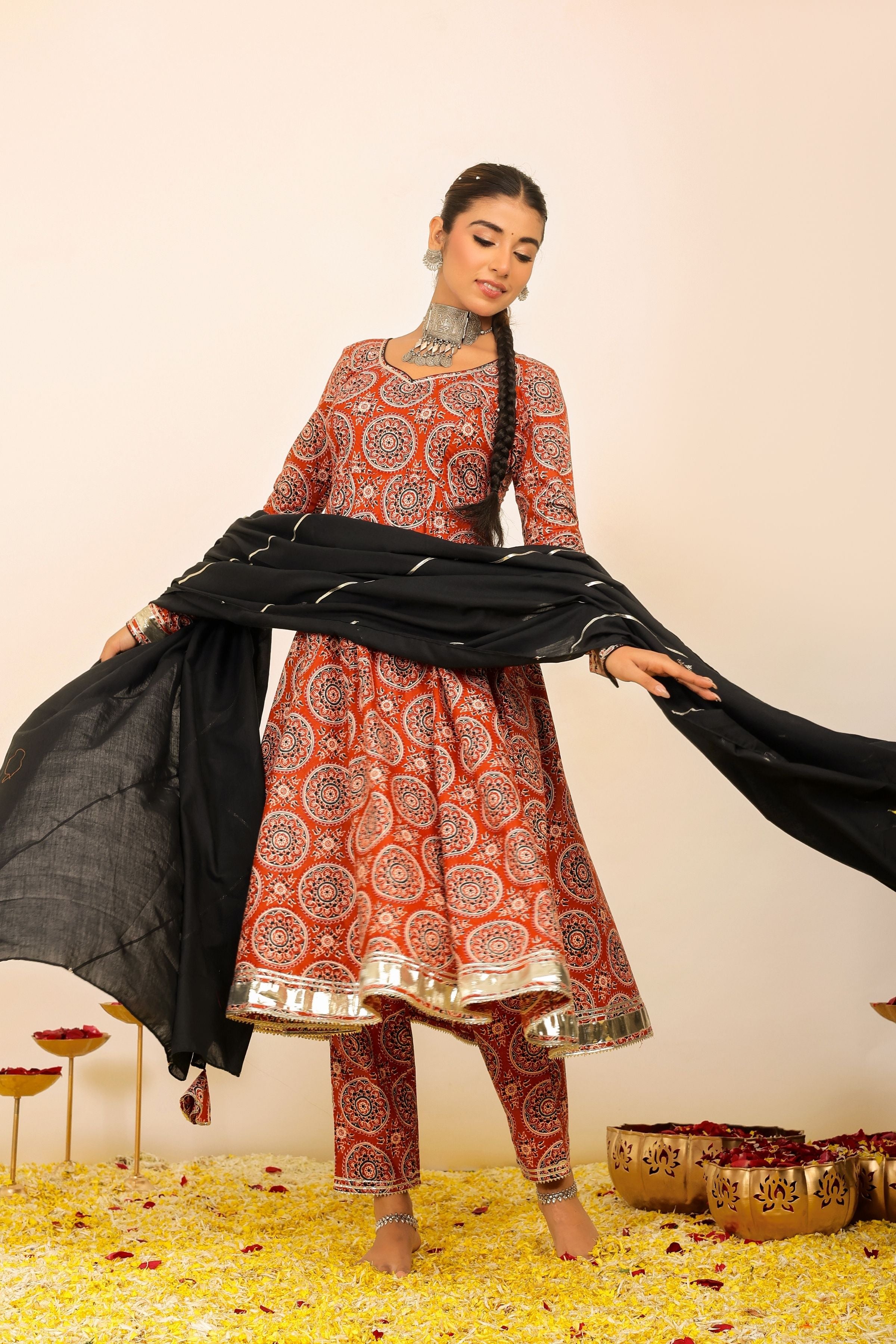 Brown and Multicolor Printed Anarkali Suit Set Paired With Pant and Black Dupatta - Kaoribyshreya