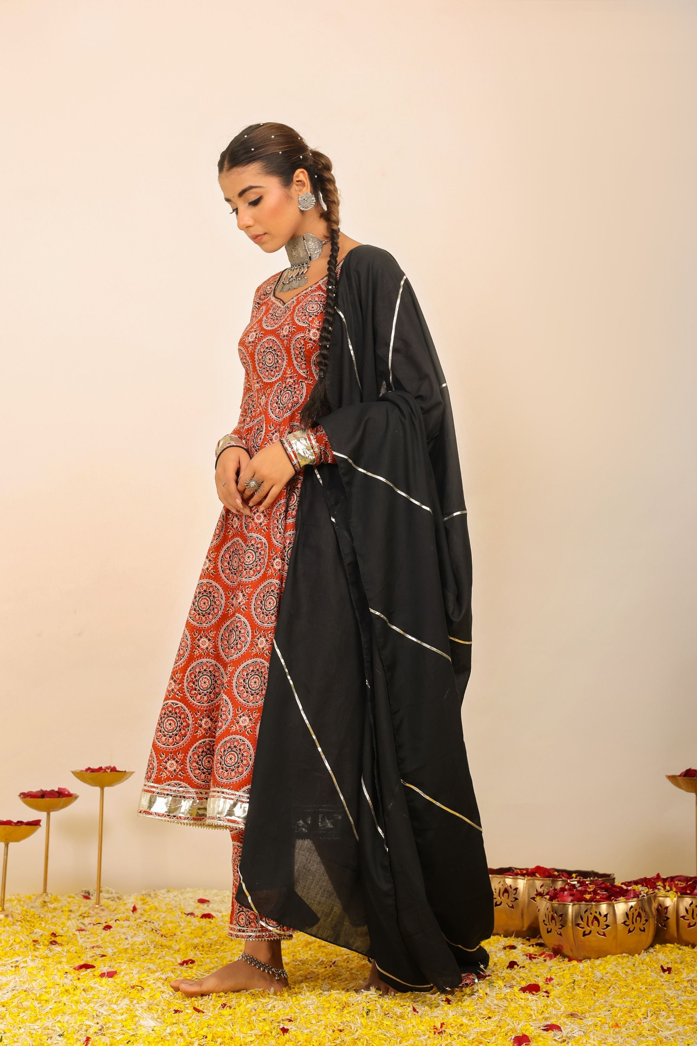 Brown and Multicolor Printed Anarkali Suit Set Paired With Pant and Black Dupatta - Kaoribyshreya