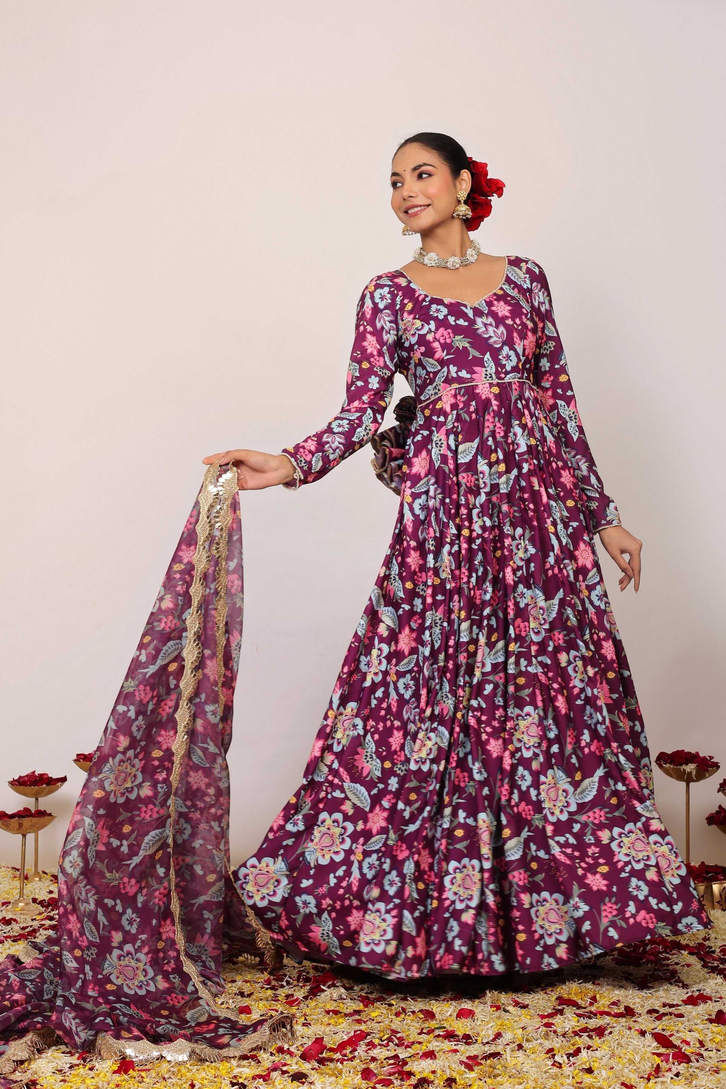 Floral Printed Multicolor Anarkali Kurta Set with Sweatheart Neckline Paired With Dupatta - Kaoribyshreya