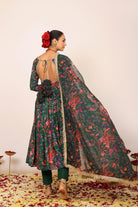 Green and Pink Floral Printed Anarkali Suit Set Paired With Pant and Dupatta - Kaoribyshreya