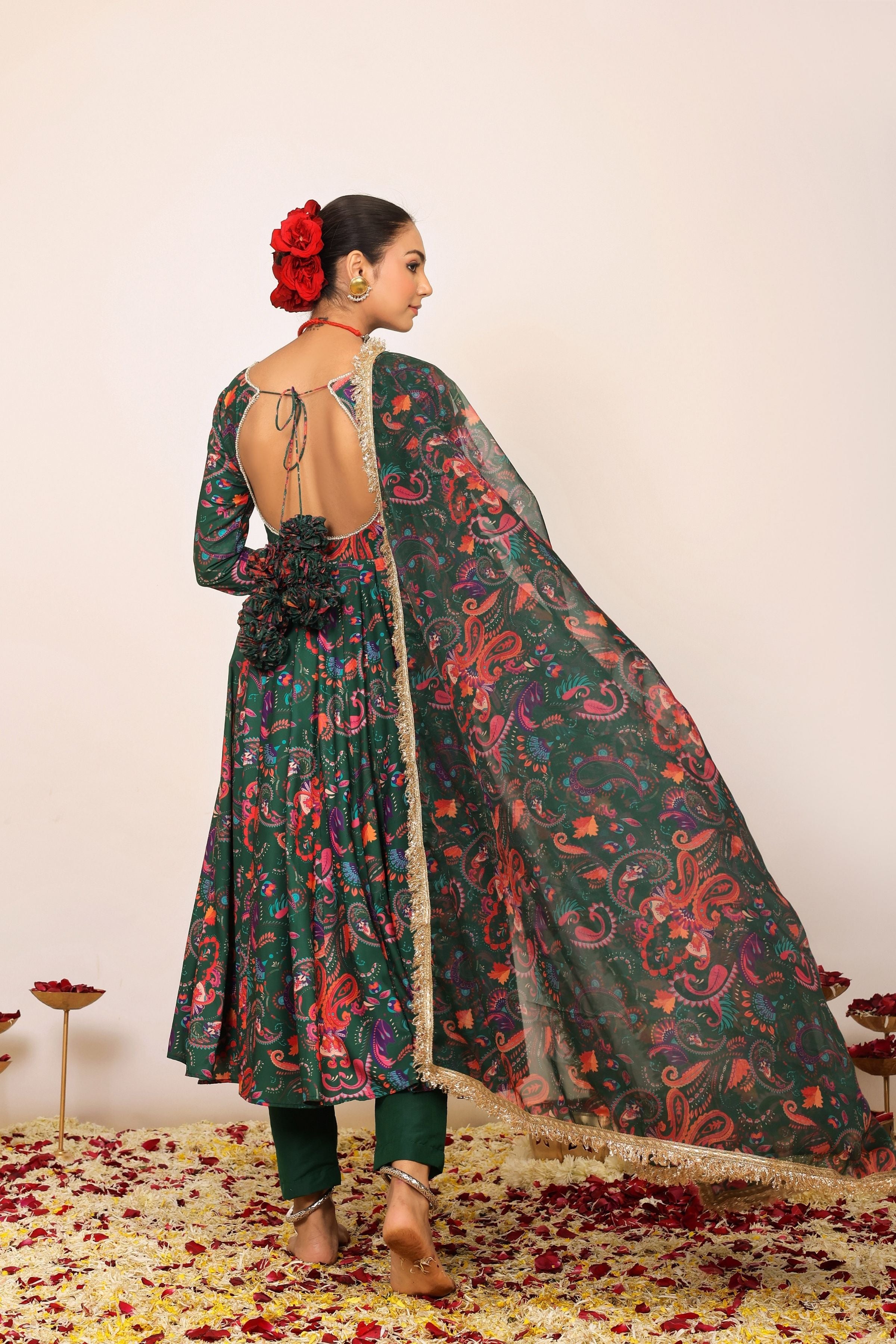 Green and Pink Floral Printed Anarkali Suit Set Paired With Pant and Dupatta - Kaoribyshreya