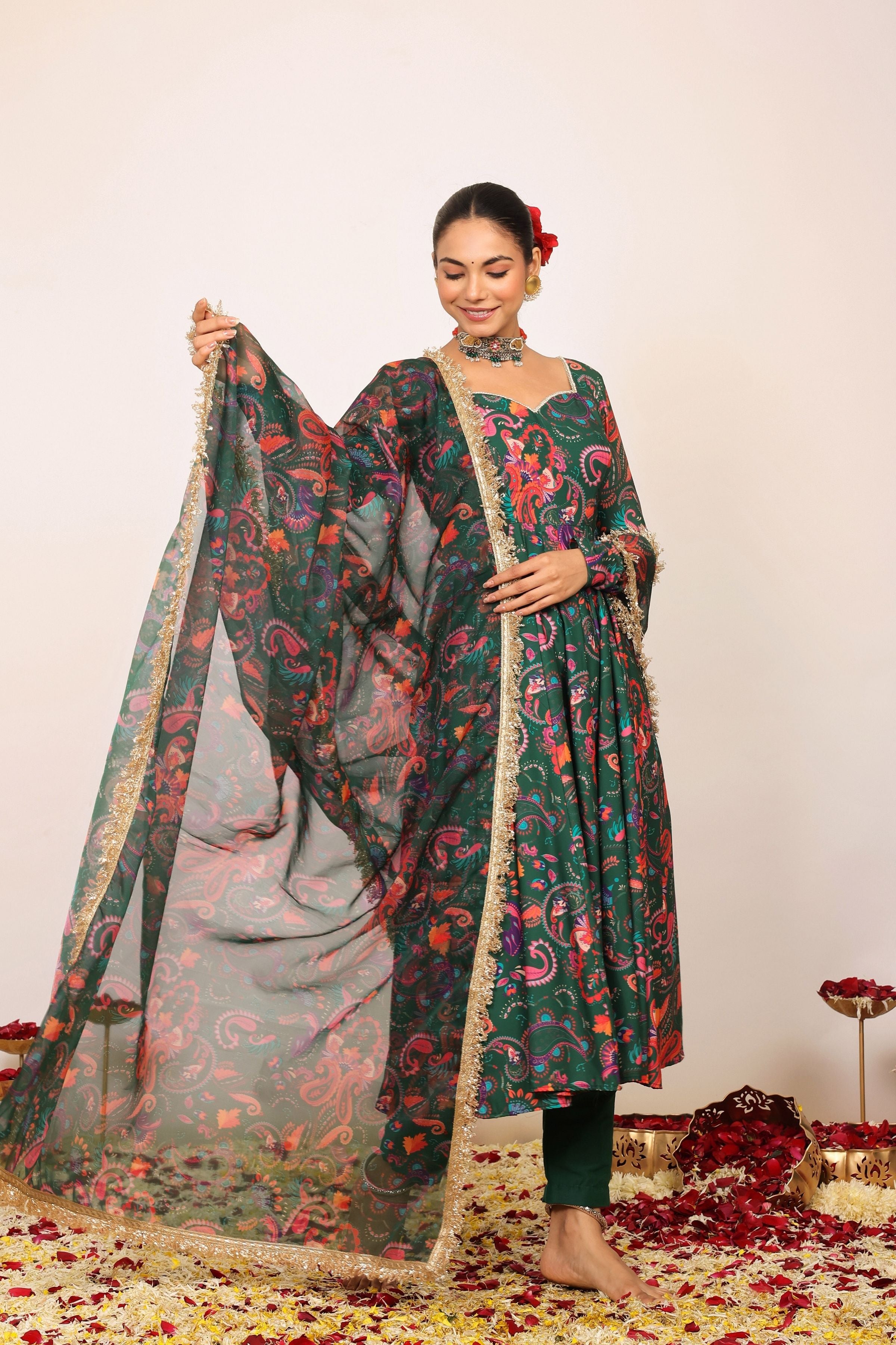 Green and Pink Floral Printed Anarkali Suit Set Paired With Pant and Dupatta - Kaoribyshreya