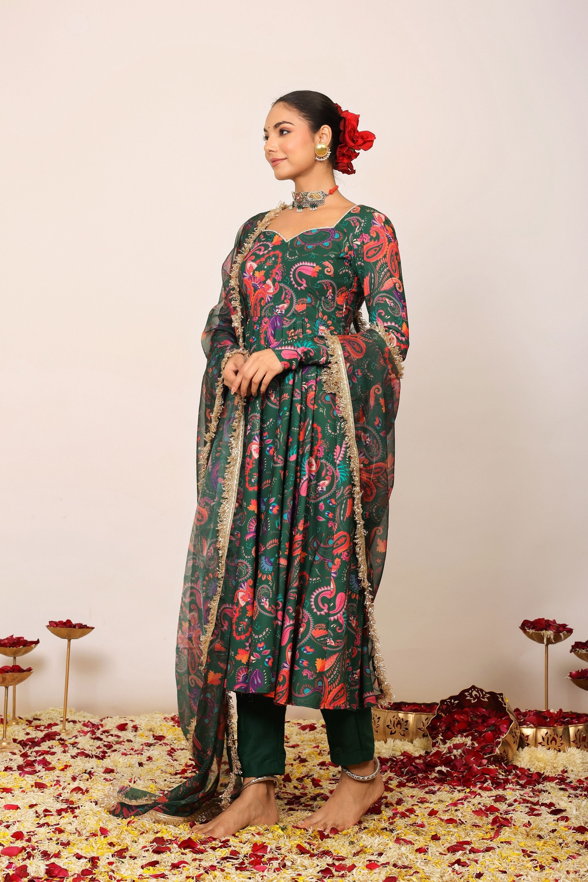 Green and Pink Floral Printed Anarkali Suit Set Paired With Pant and Dupatta - Kaoribyshreya