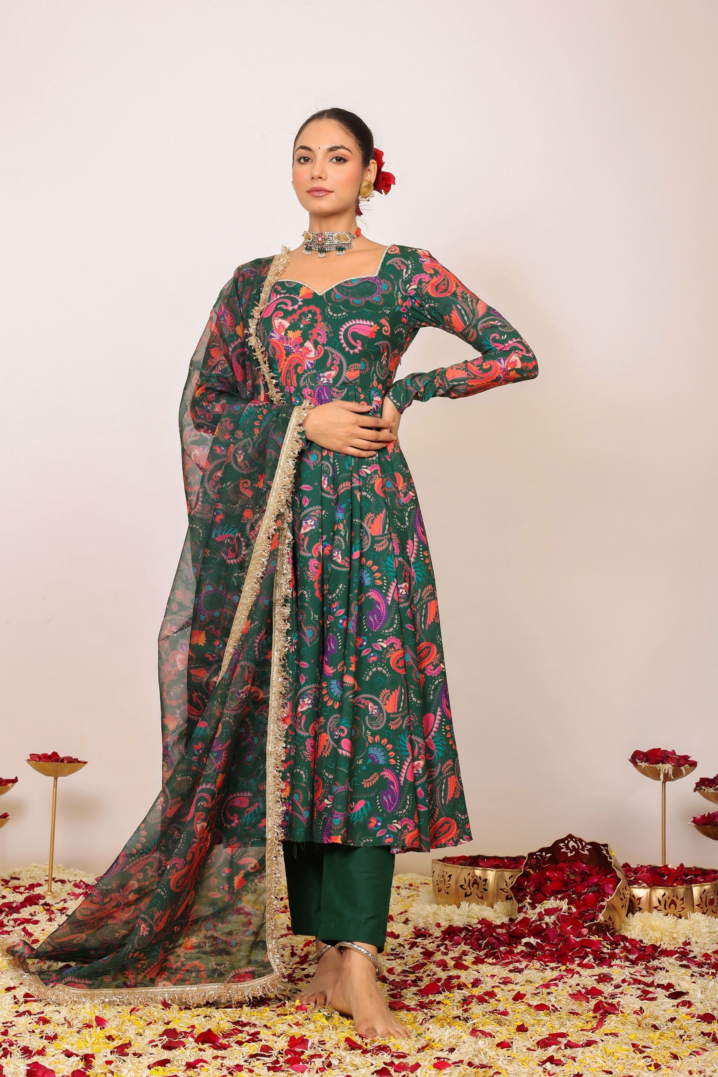Green and Pink Floral Printed Anarkali Suit Set Paired With Pant and Dupatta - Kaoribyshreya
