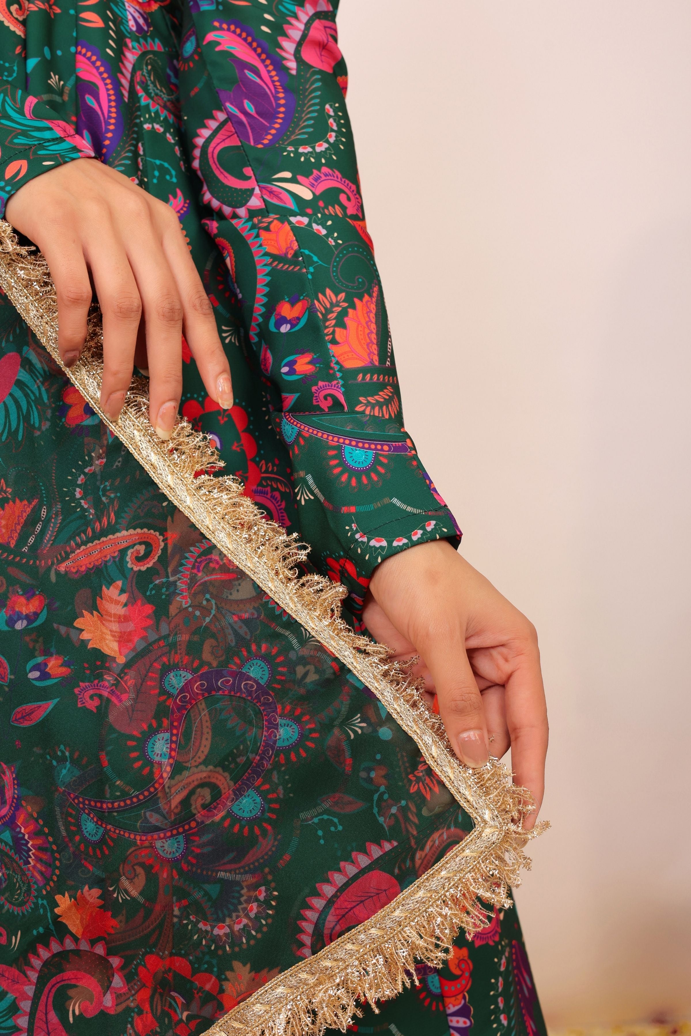 Green and Pink Floral Printed Anarkali Suit Set Paired With Pant and Dupatta - Kaoribyshreya