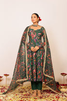 Green and Pink Floral Printed Anarkali Suit Set Paired With Pant and Dupatta - Kaoribyshreya