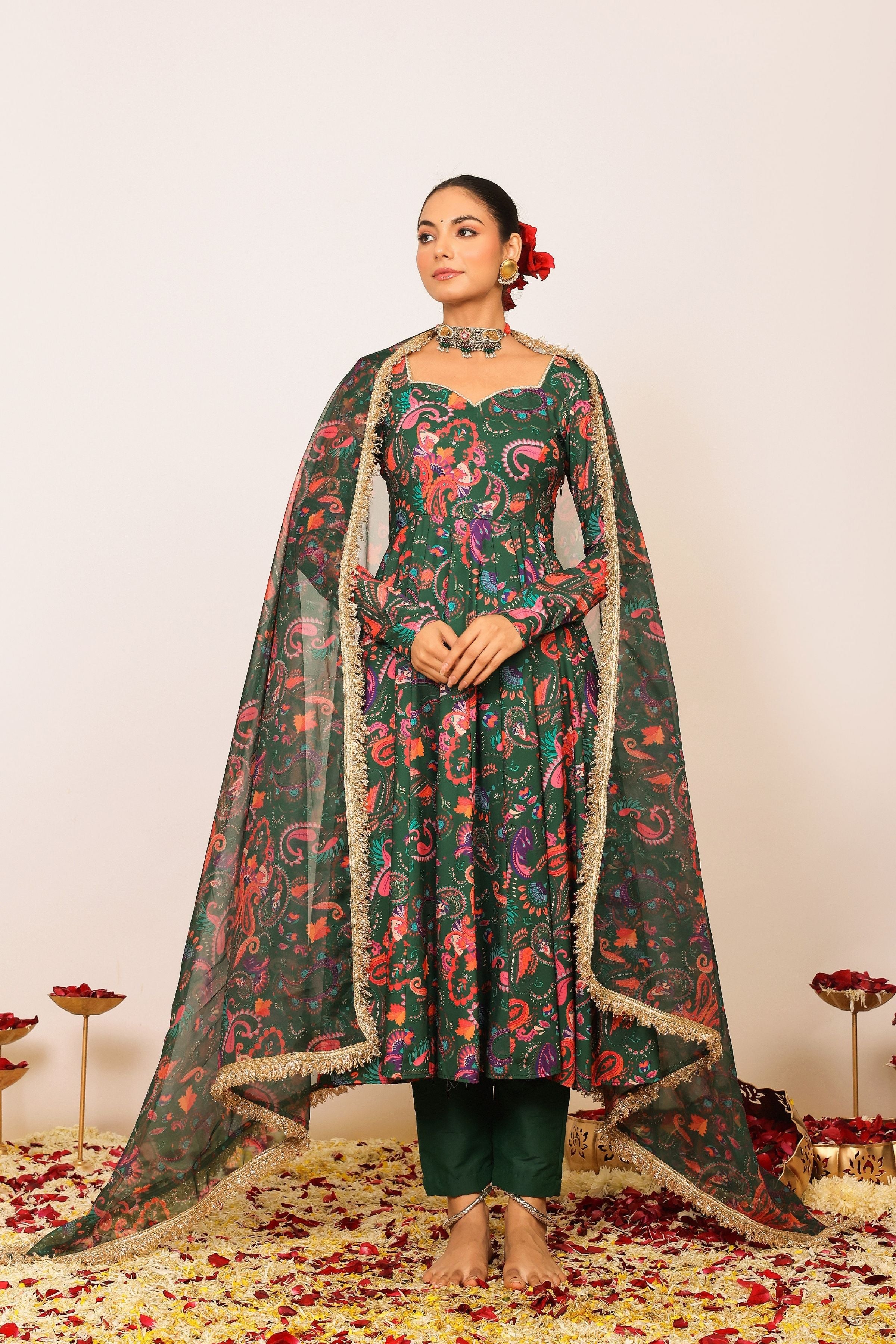 Green and Pink Floral Printed Anarkali Suit Set Paired With Pant and Dupatta - Kaoribyshreya