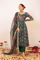 Green and Pink Floral Printed Anarkali Suit Set Paired With Pant and Dupatta - Kaoribyshreya